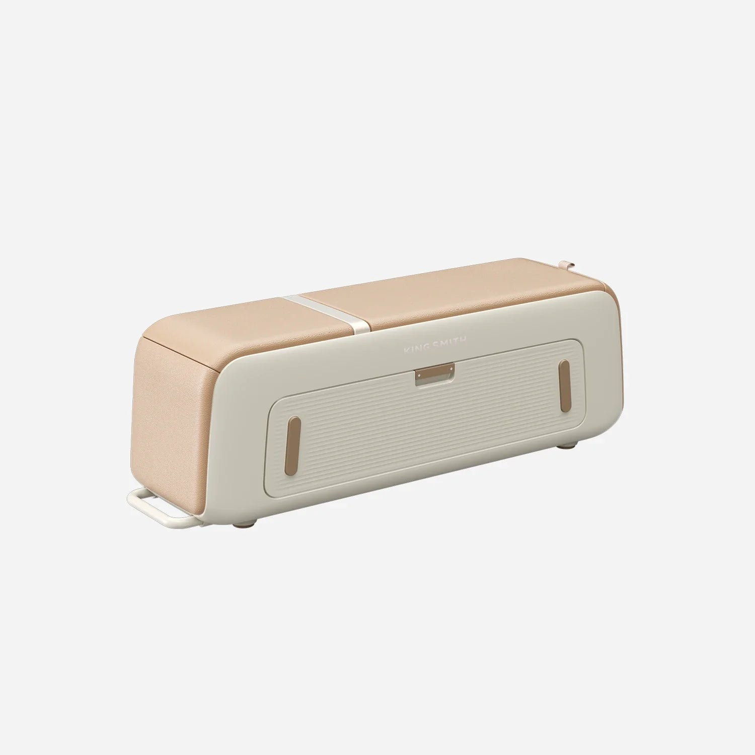 Un dispositivo allungato, beige e crema con angoli arrotondati su uno sfondo chiaro.