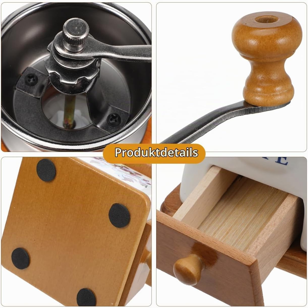 Details einer manuellen Kaffeemühle zeigen Mahlwerk, Kurbel, Boden mit Füßen und die offene Kaffeeschublade.
