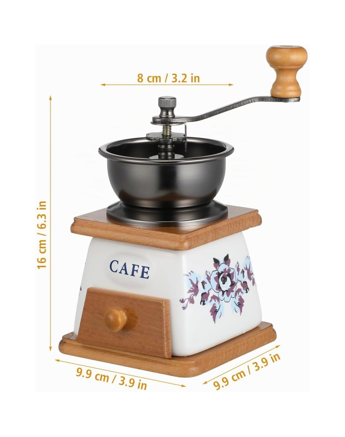 Vintage Kaffeemühle mit Holzsockel, Porzellankörper mit Blumen und schwarzem Metalltrichter sowie Maßeinheiten.