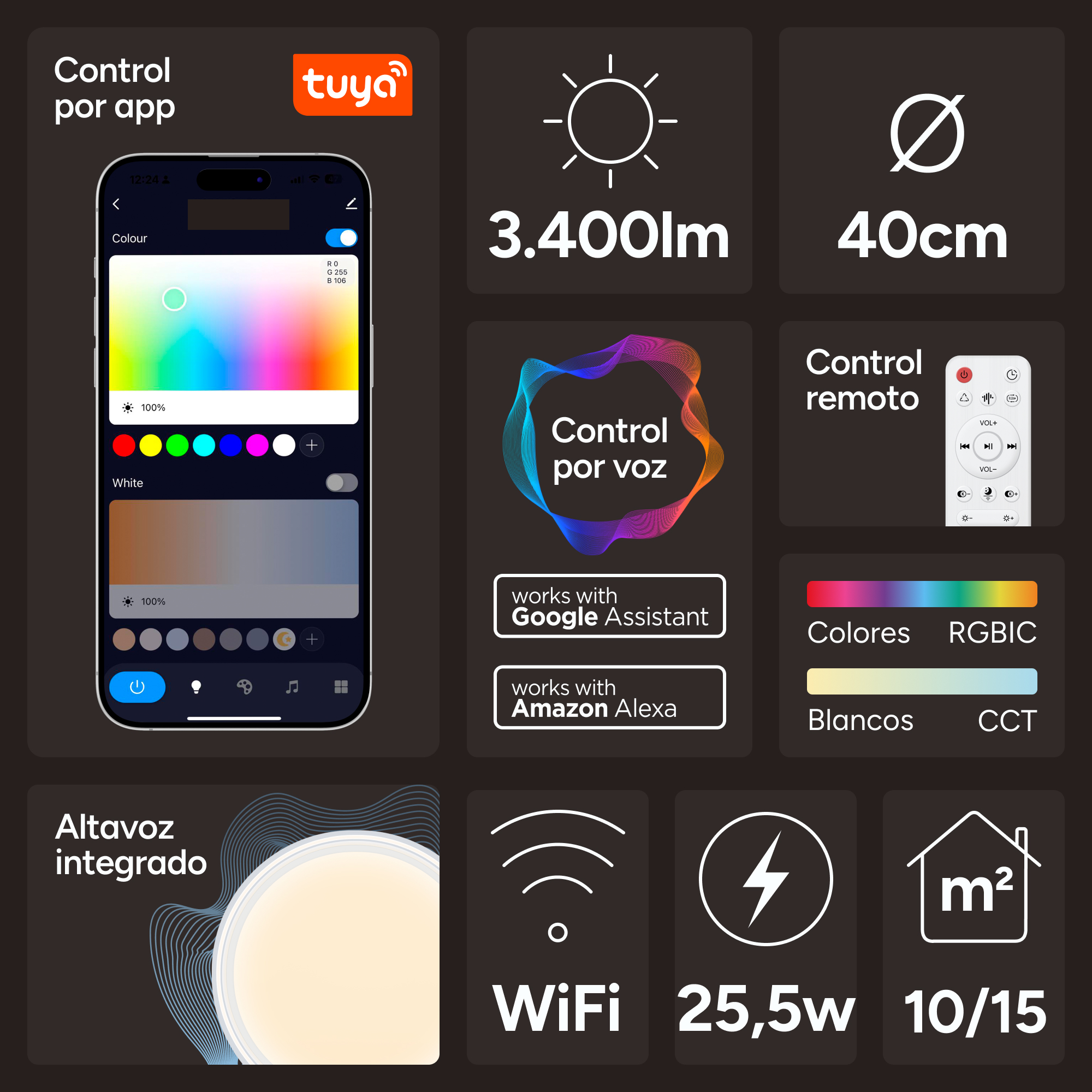 Infografía con control por app, 3400lm, 40cm, control por voz, Wi-Fi y 25.5W de potencia.