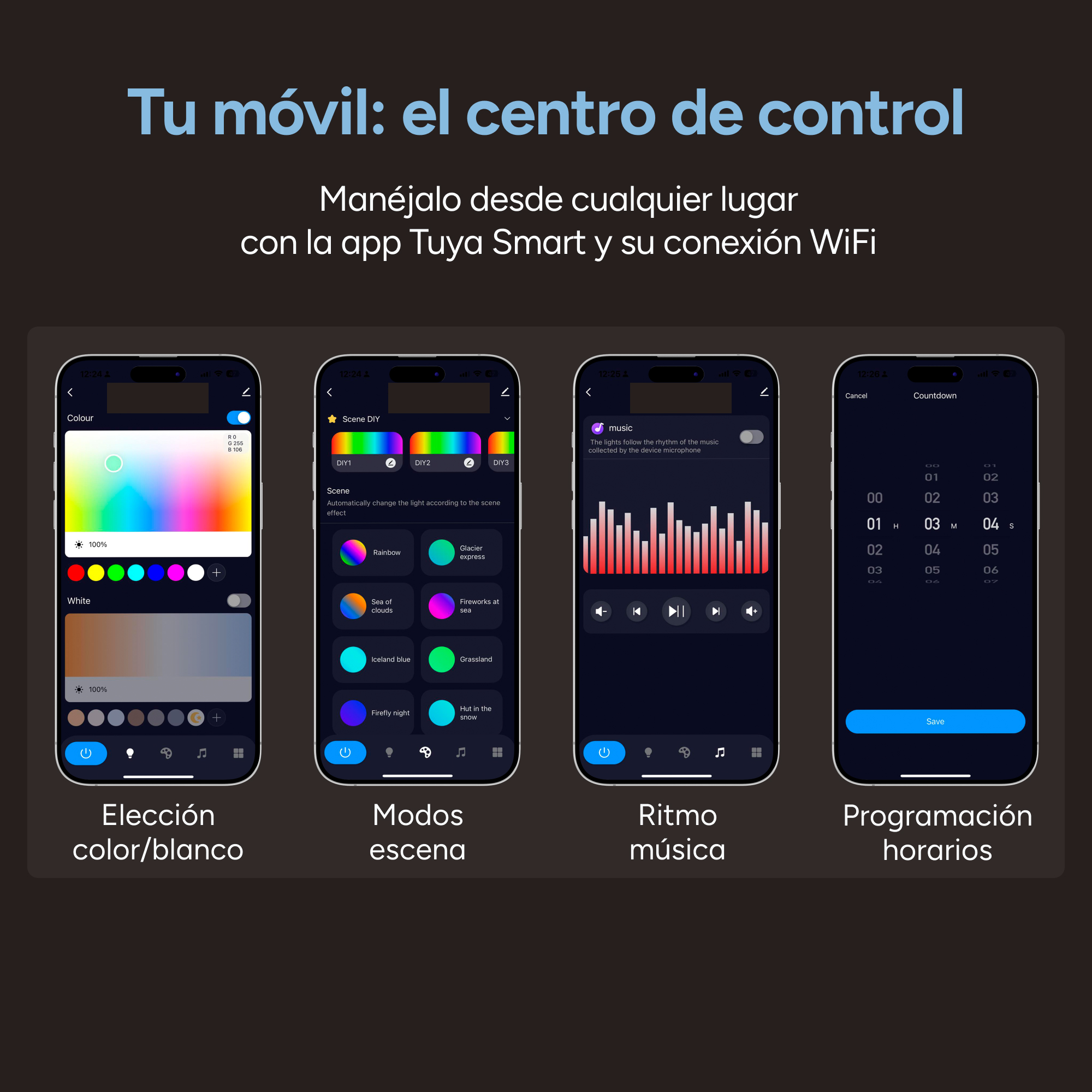 Cuatro teléfonos muestran la app Tuya Smart con controles de color, escena, música y temporizador.