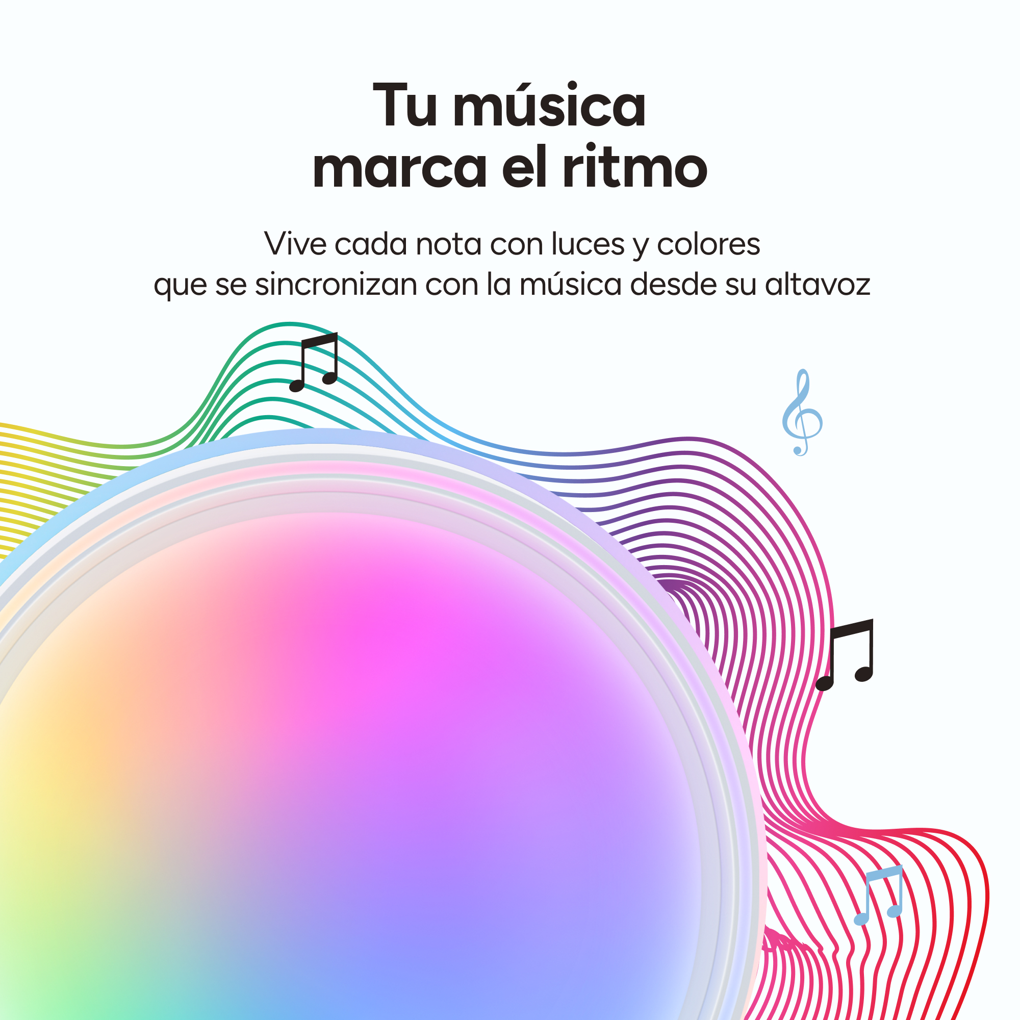 Ondas de luz coloridas y notas musicales con texto publicitario.