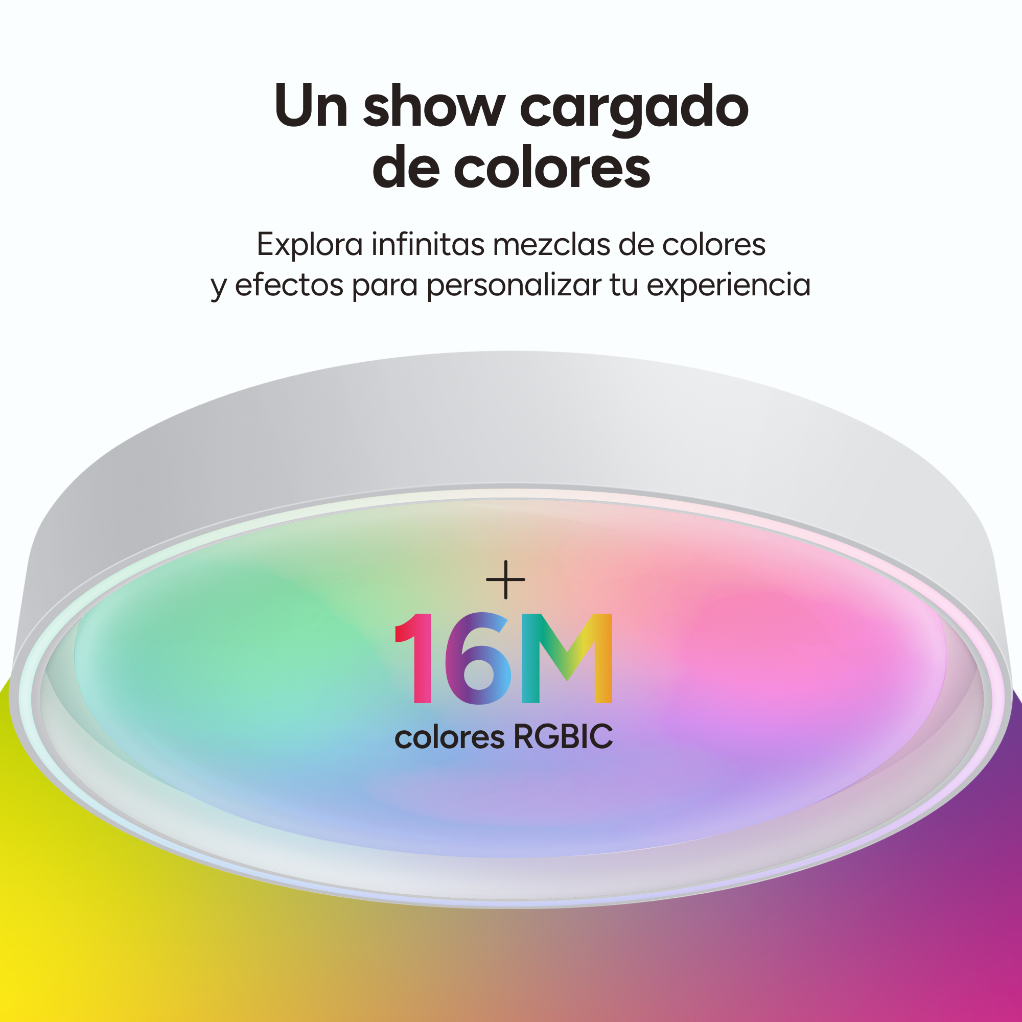 Una luz blanca redonda con 16 millones de colores RGBIC muestra degradados suaves y texto.