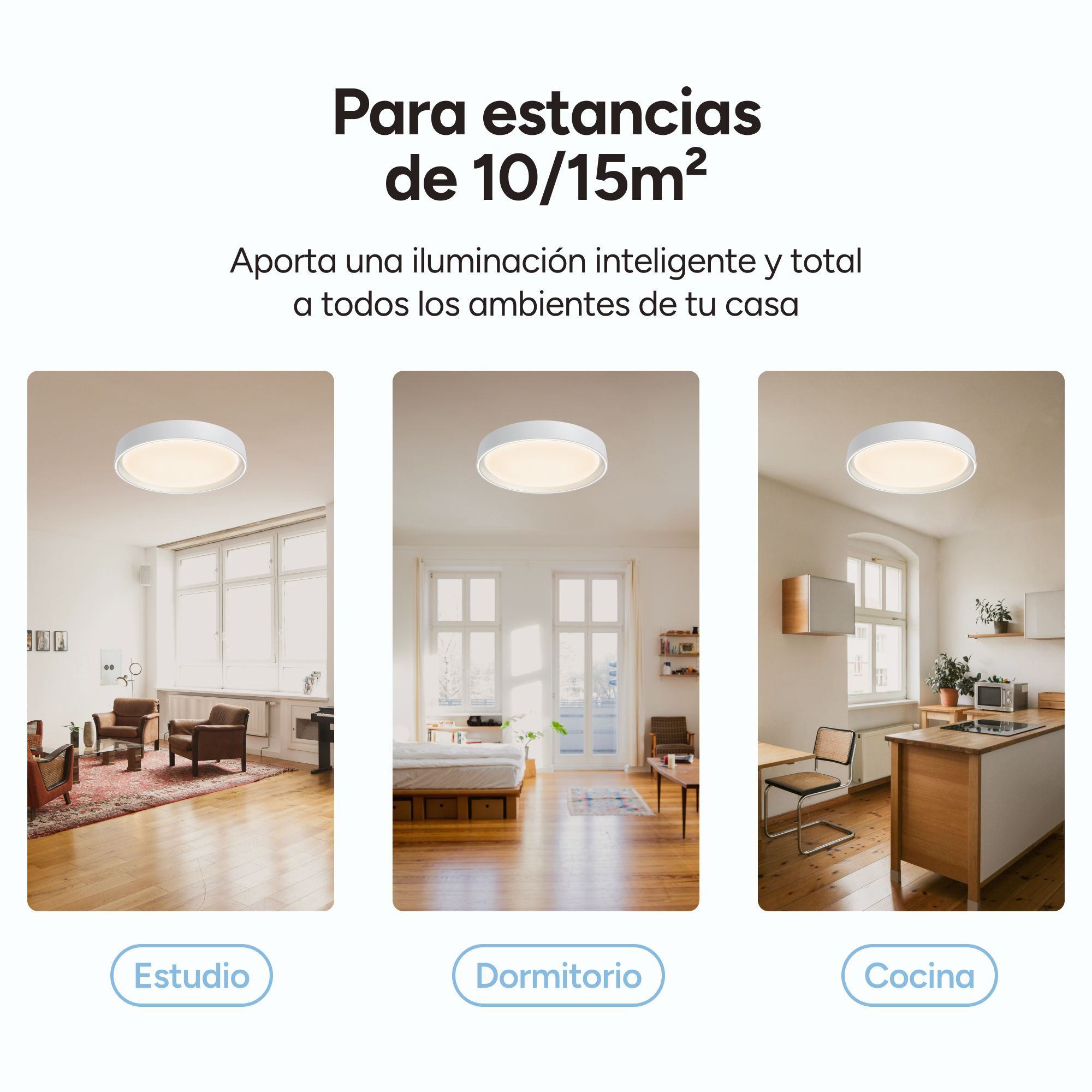 Tres fotos de habitaciones muestran una lámpara de techo blanca en estudio, dormitorio y cocina.
