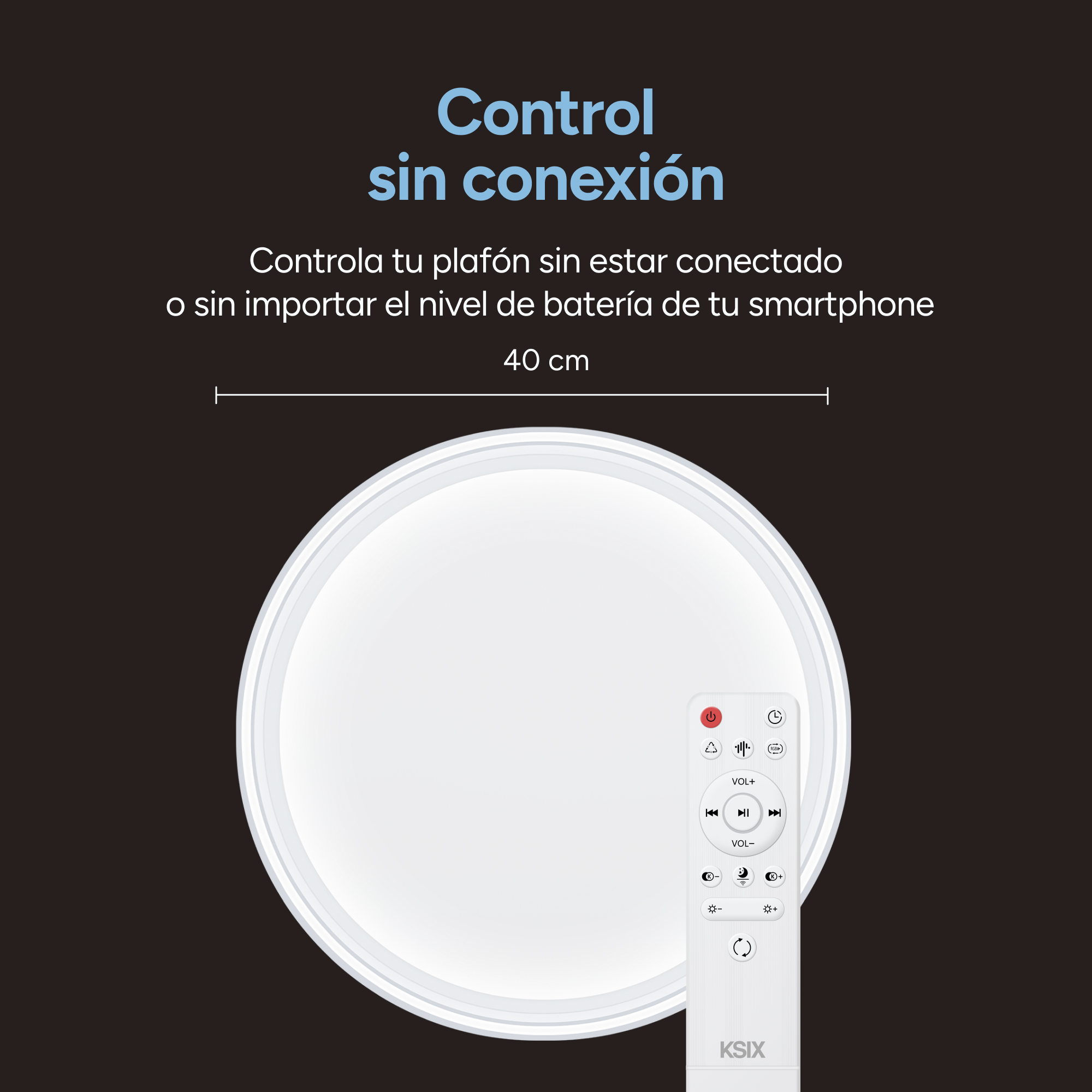Plafón redondo blanco de 40 cm de diámetro con un mando a distancia sobre fondo oscuro y texto.