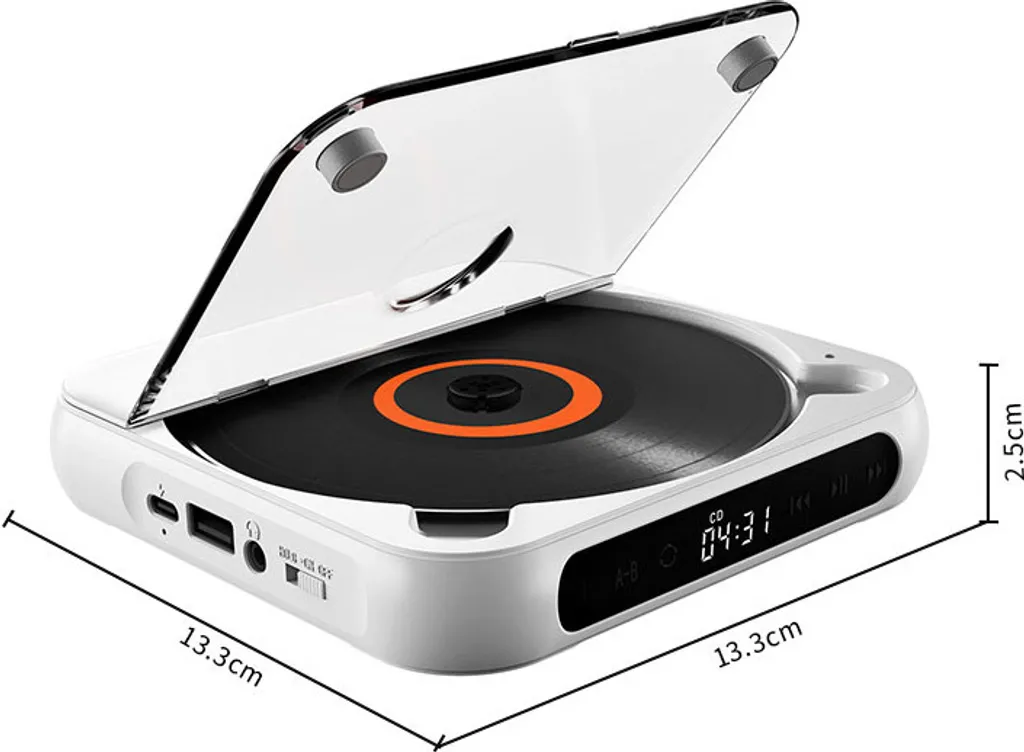 Tragbarer weißer CD-Player mit offener transparenter Abdeckung, der Maße von 13.3x13.3x2.5 cm aufweist.