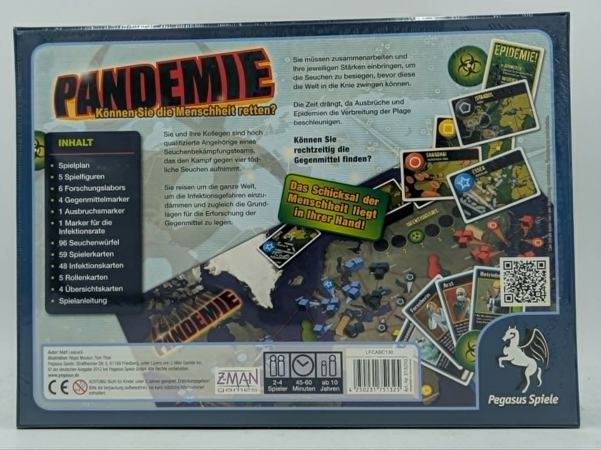 Die Rückseite der Pandemie-Brettspielverpackung zeigt das Spielfeld, Spielkarten, Anleitungen und Spielregeln auf Deutsch.