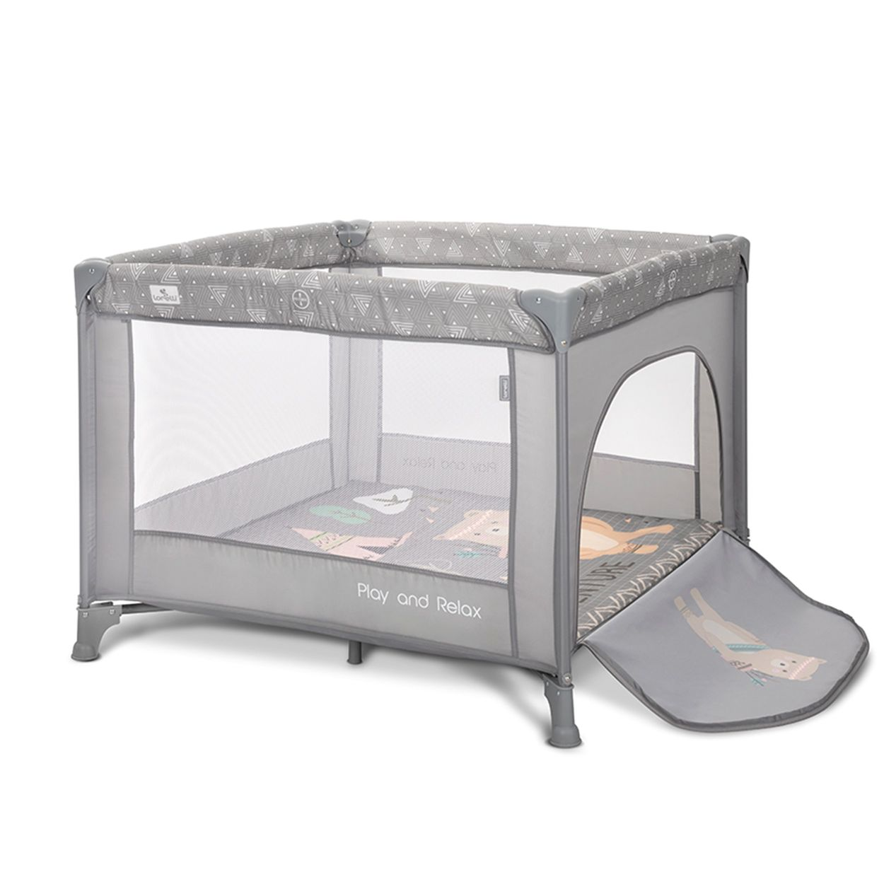 Graues Baby-Reisebett mit Tiermotiven und Seiteneinstieg.