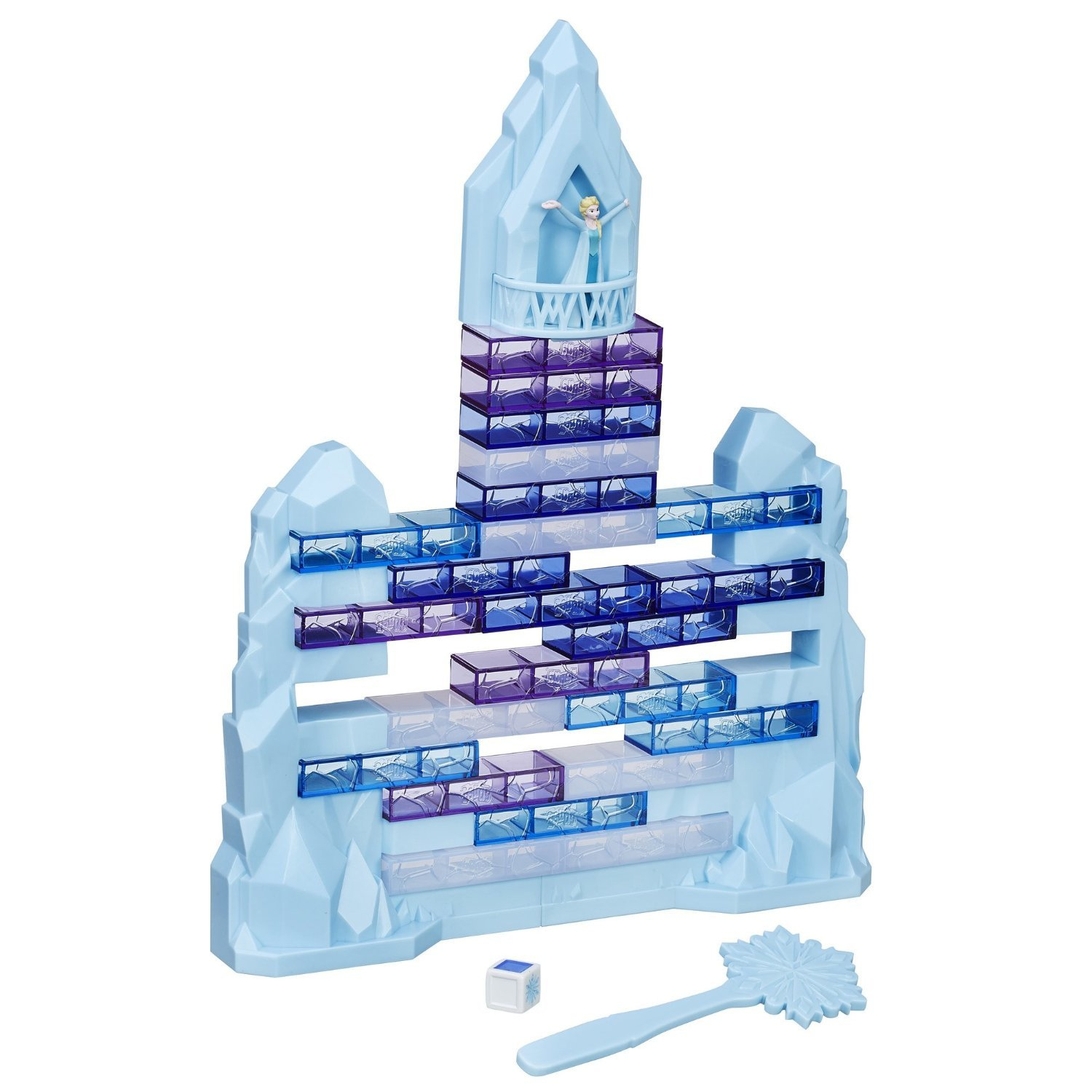 Ein blaues Eisschloss-Spiel mit gestapelten Blöcken, einer Elsa-Figur, einem Würfel und einem Eiskristall-Werkzeug.