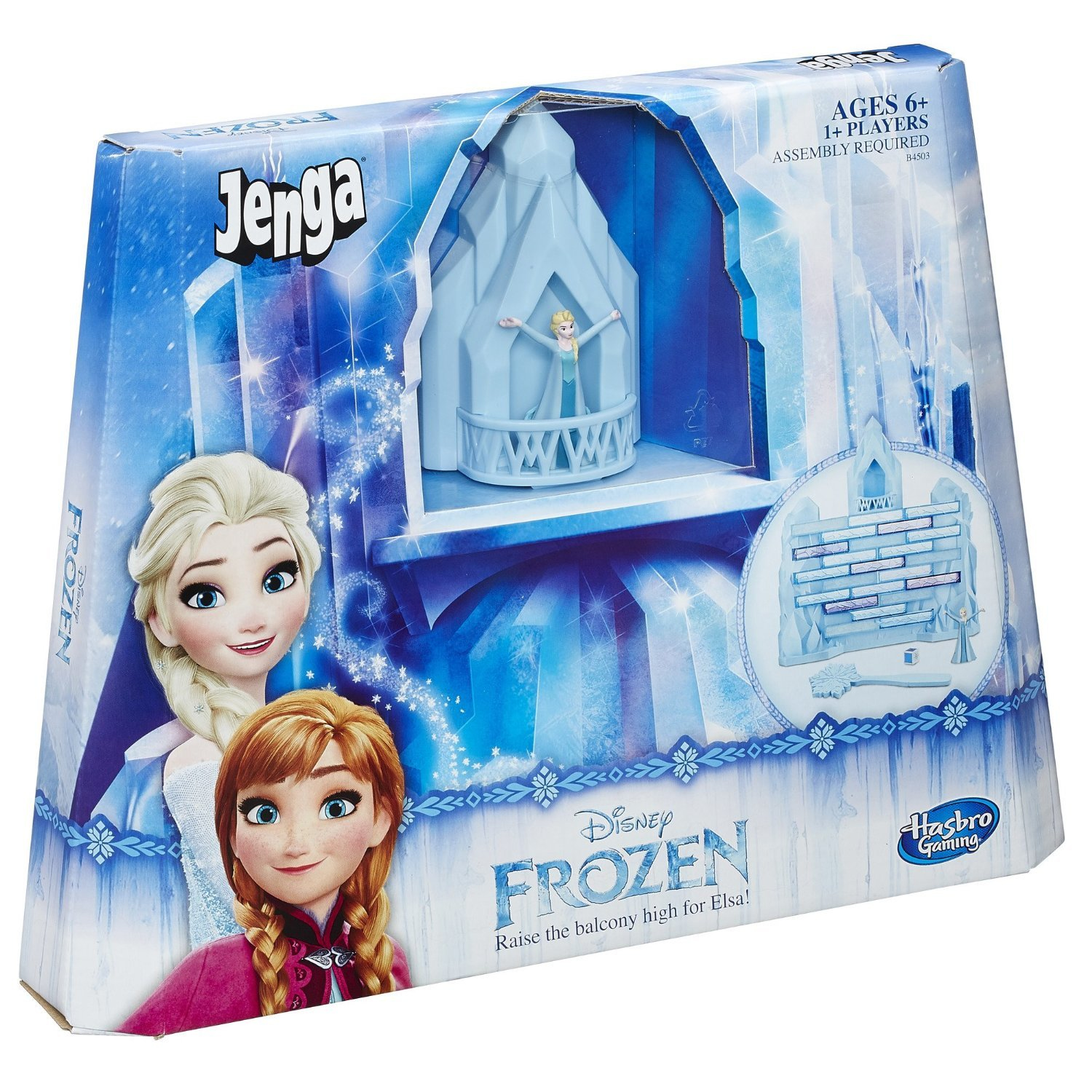 Disney Frozen Jenga Spielpackung mit Elsa und Anna, zeigt einen Eisturm.