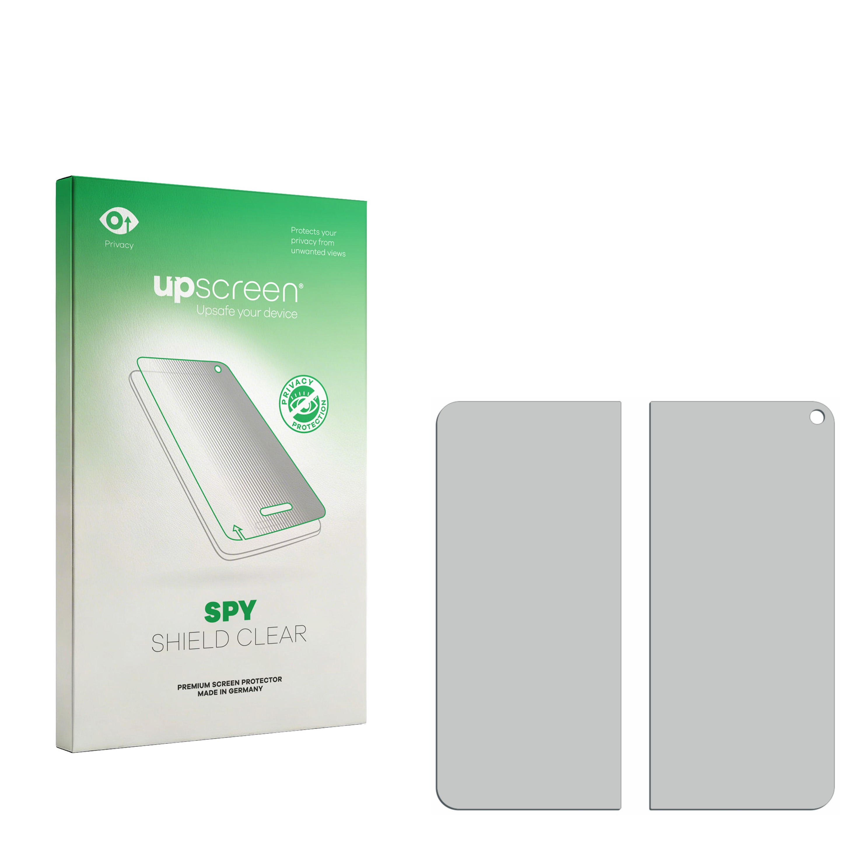 UpScreen Spy Shield Clear Verpackung mit zwei grauen Schutzfolien auf weißem Hintergrund.