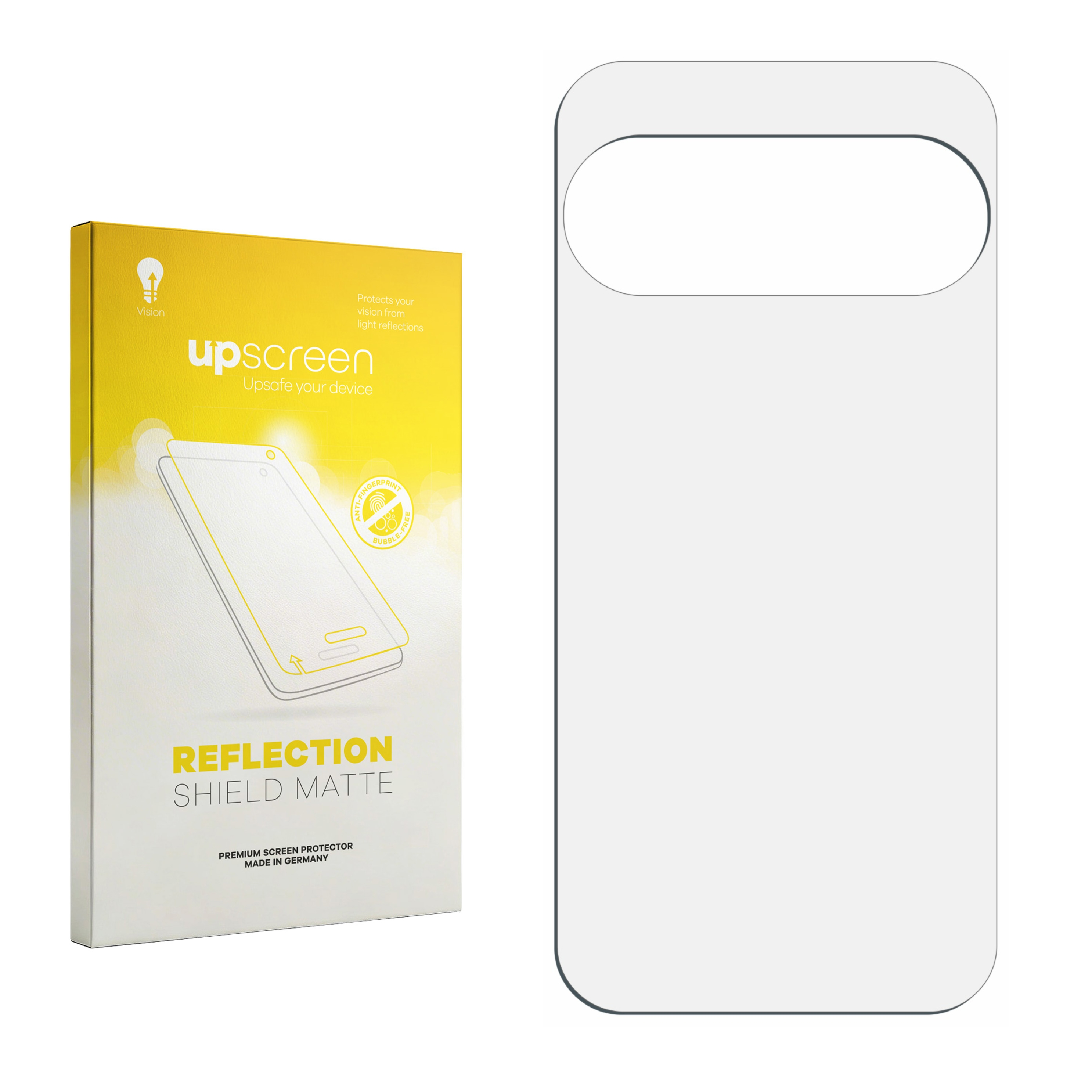 Eine gelb-weiße upScreen matte Reflectionsschutz-Produktverpackung und eine Displayschutzfolie.
