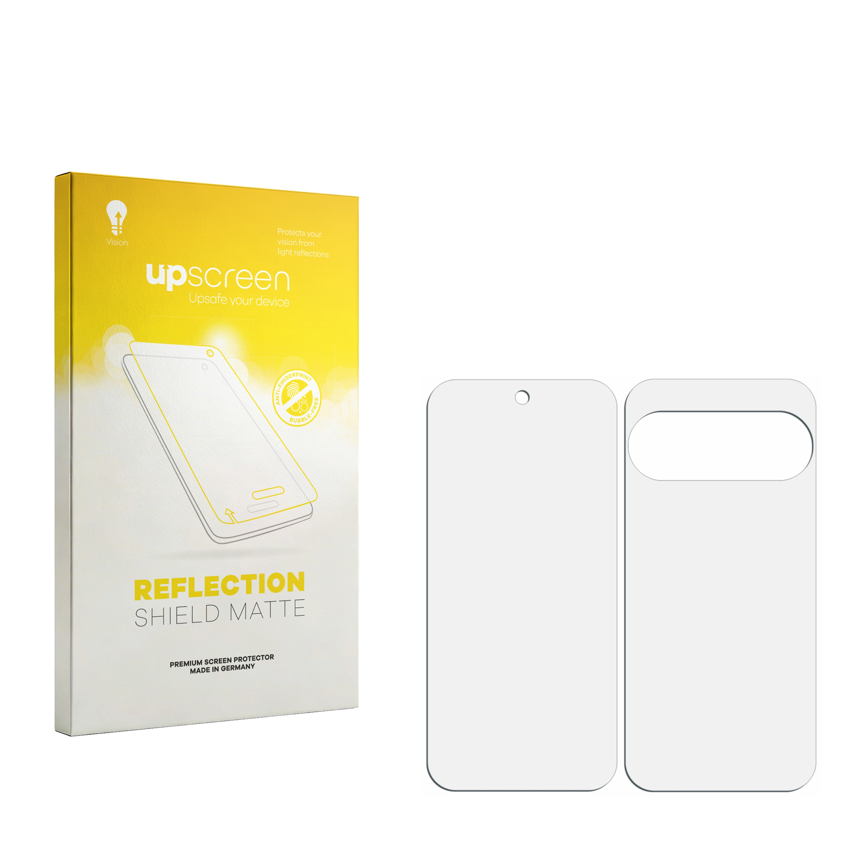 Upscreen matte Displayschutzfolie in Verpackung mit zwei Schutzfolien daneben.