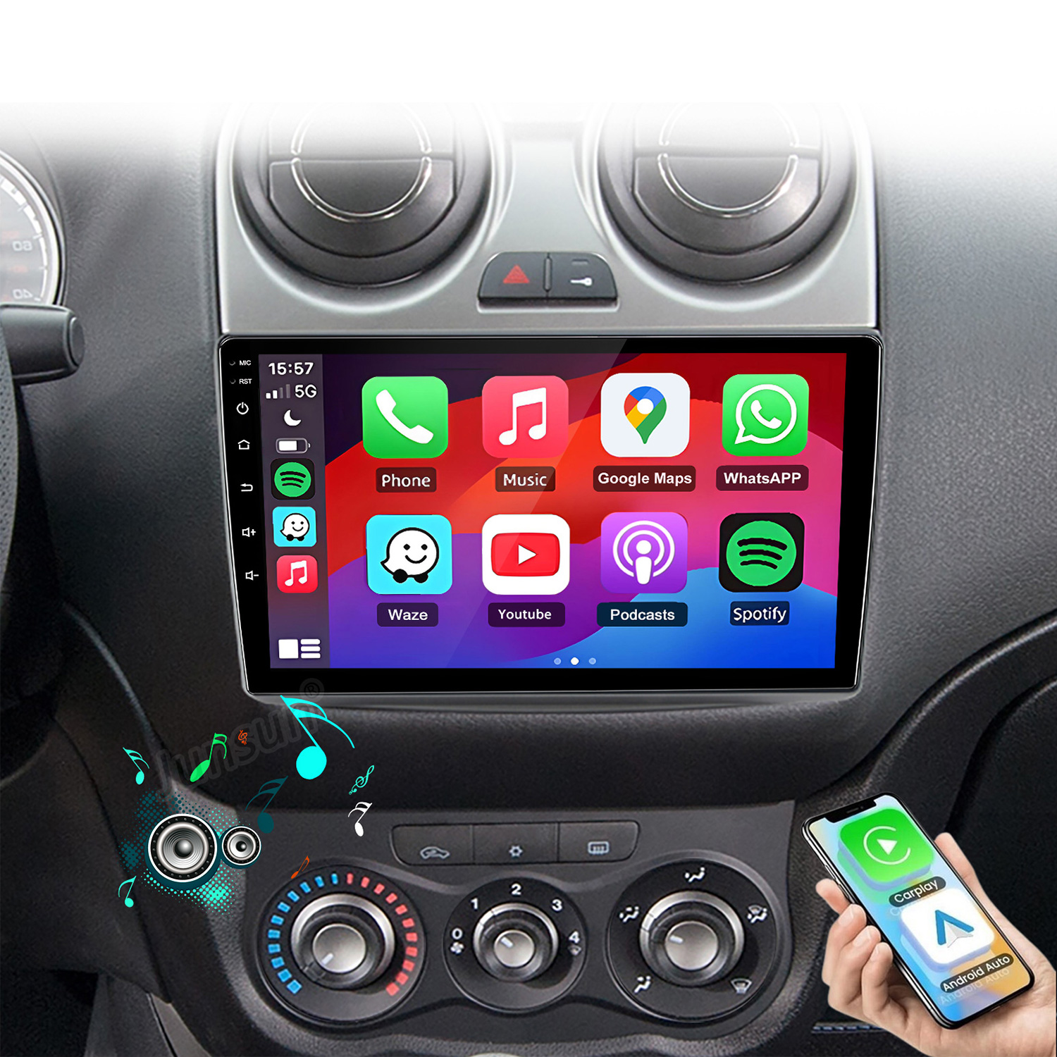 Ein Auto-Armaturenbrett mit einem Touchscreen-Infotainmentsystem und bunten App-Symbolen sowie einem Smartphone mit Carplay.
