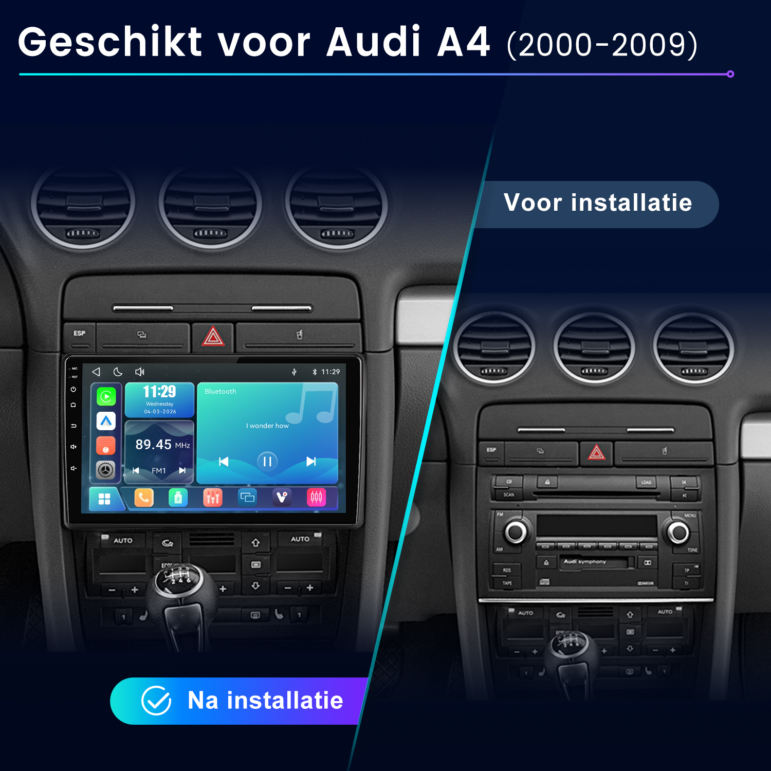 Vergleich der Audi A4 Mittelkonsole vor und nach dem Einbau eines Multimedia-Touchscreens.