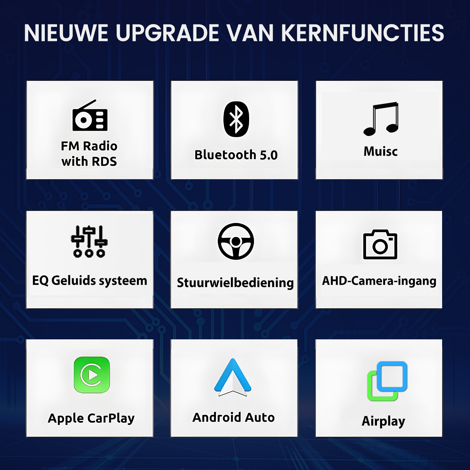 Grafik mit neun Funktionssymbolen wie FM-Radio, Bluetooth, Apple CarPlay und Android Auto auf blauem Hintergrund.