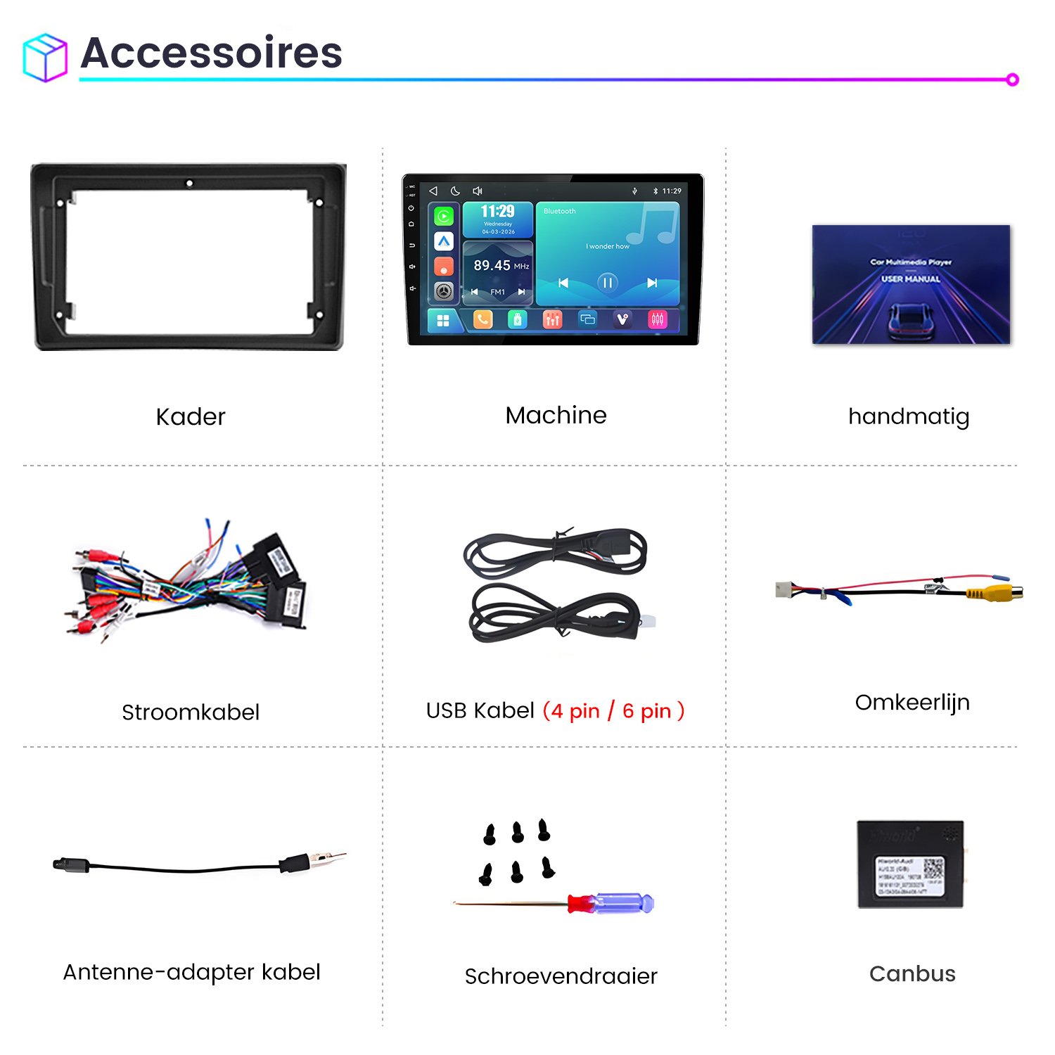 Übersicht von Autozubehör wie Rahmen, Display, Kabeln, Schraubendreher und Canbus Modul auf weißem Hintergrund.
