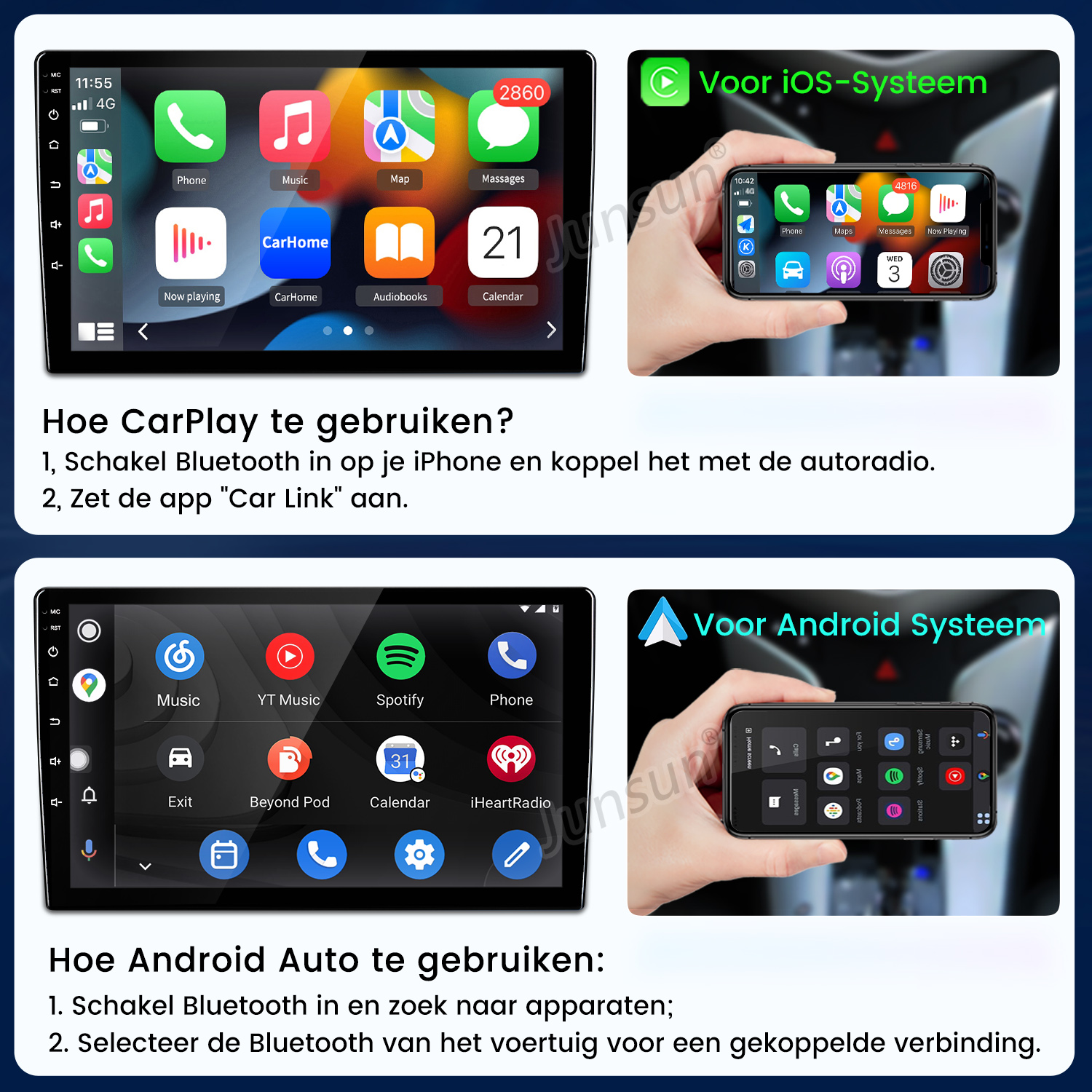 Anleitung zur Einrichtung von CarPlay und Android Auto auf einem Autoradio mit Smartphone.