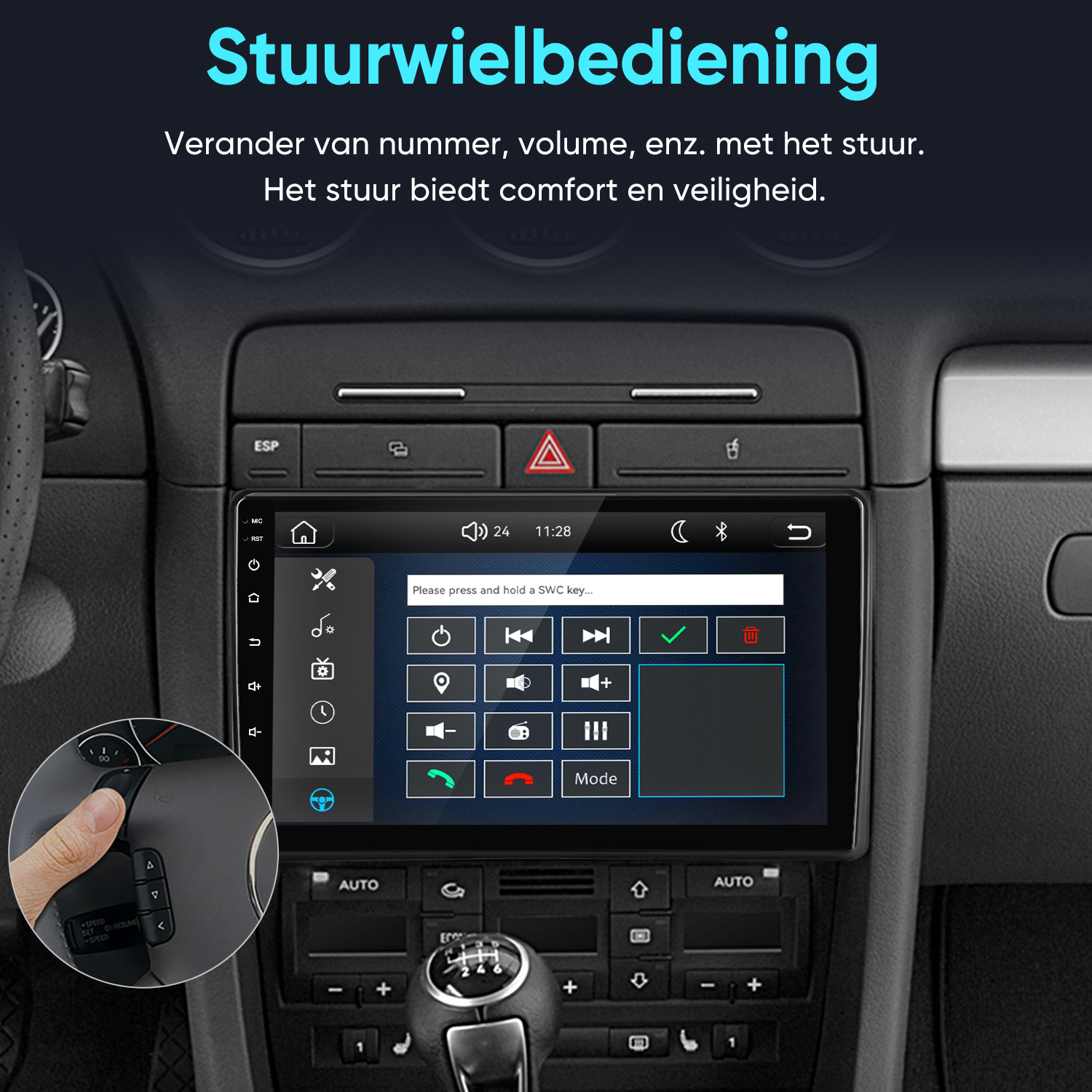 Ein Auto-Innenraum mit einem Touchscreen-Radio und Lenkradfernbedienung.