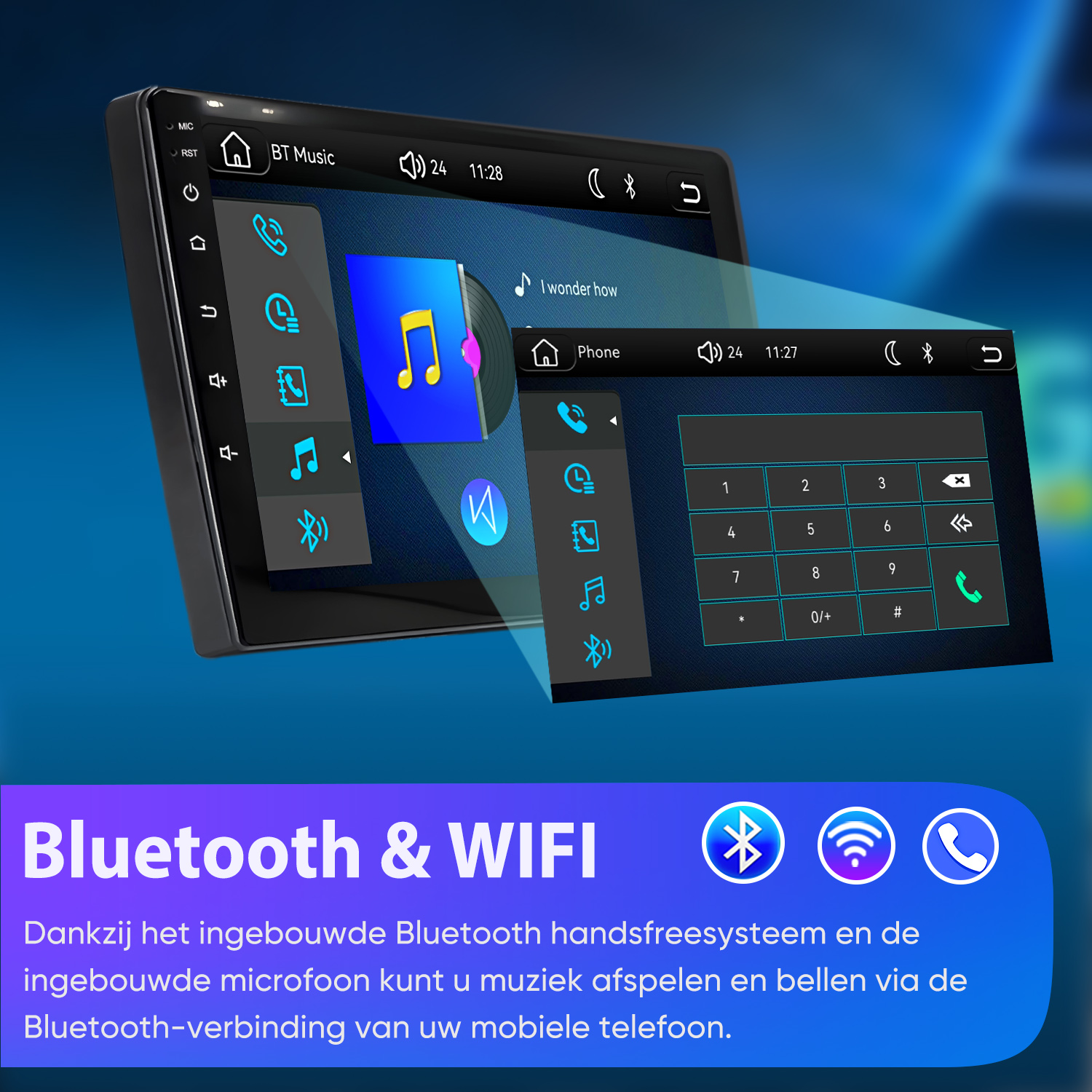 Ein Autoradio-Bildschirm mit Bluetooth-Musik und Telefon-Tastatur, mit niederländischem Text unten.
