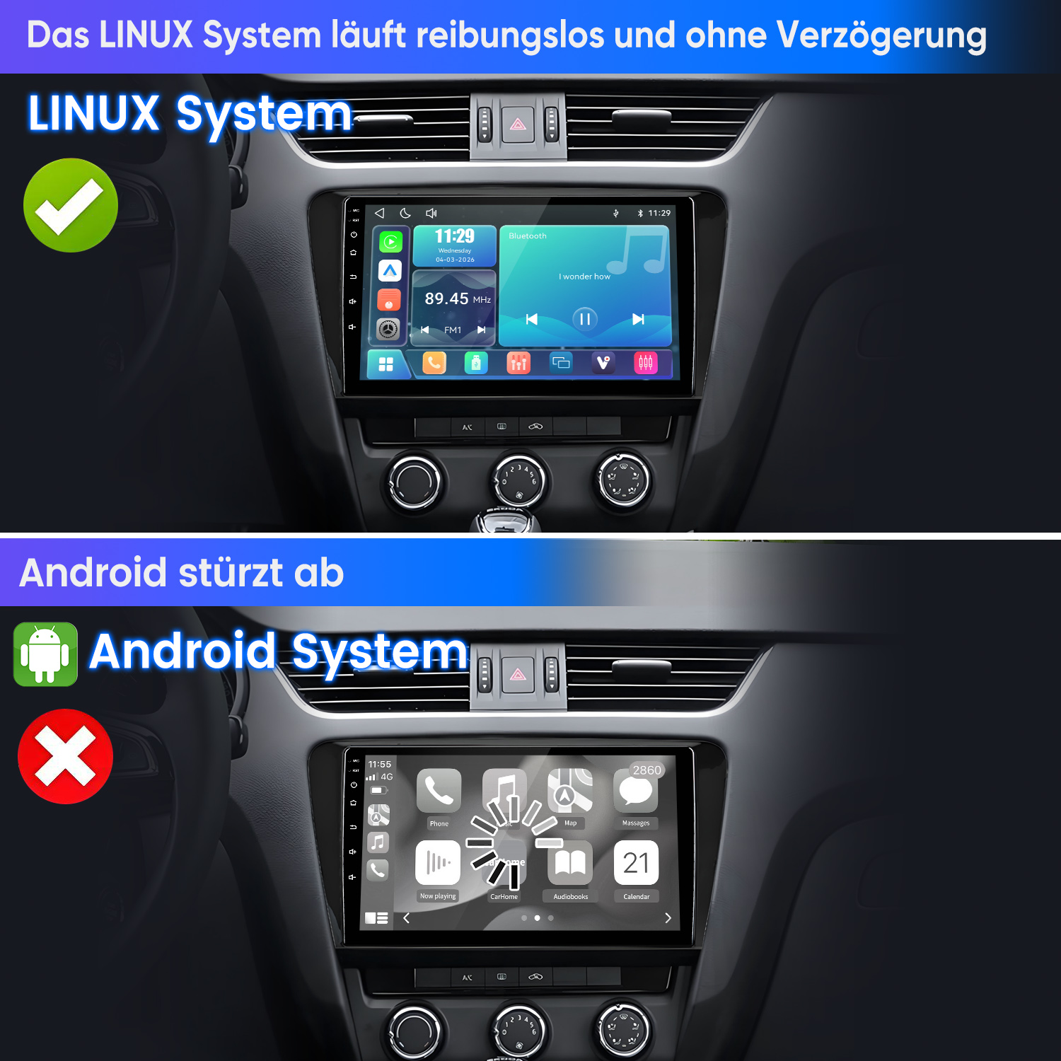 Vergleich eines Auto-Dashboards: Ein Linux-System läuft reibungslos, während ein Android-System mit Ladekreis abstürzt.