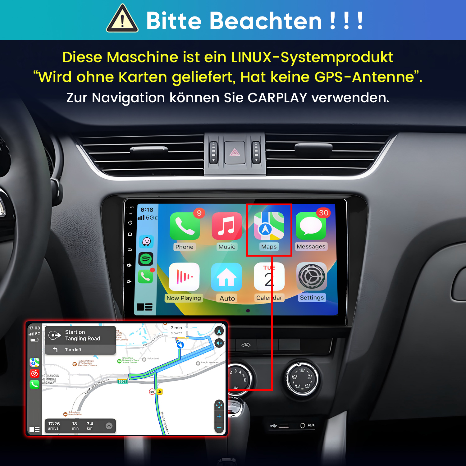 Linux-Autoradio mit CarPlay-Navigation und Apps wie Musik und Nachrichten auf dem Display.