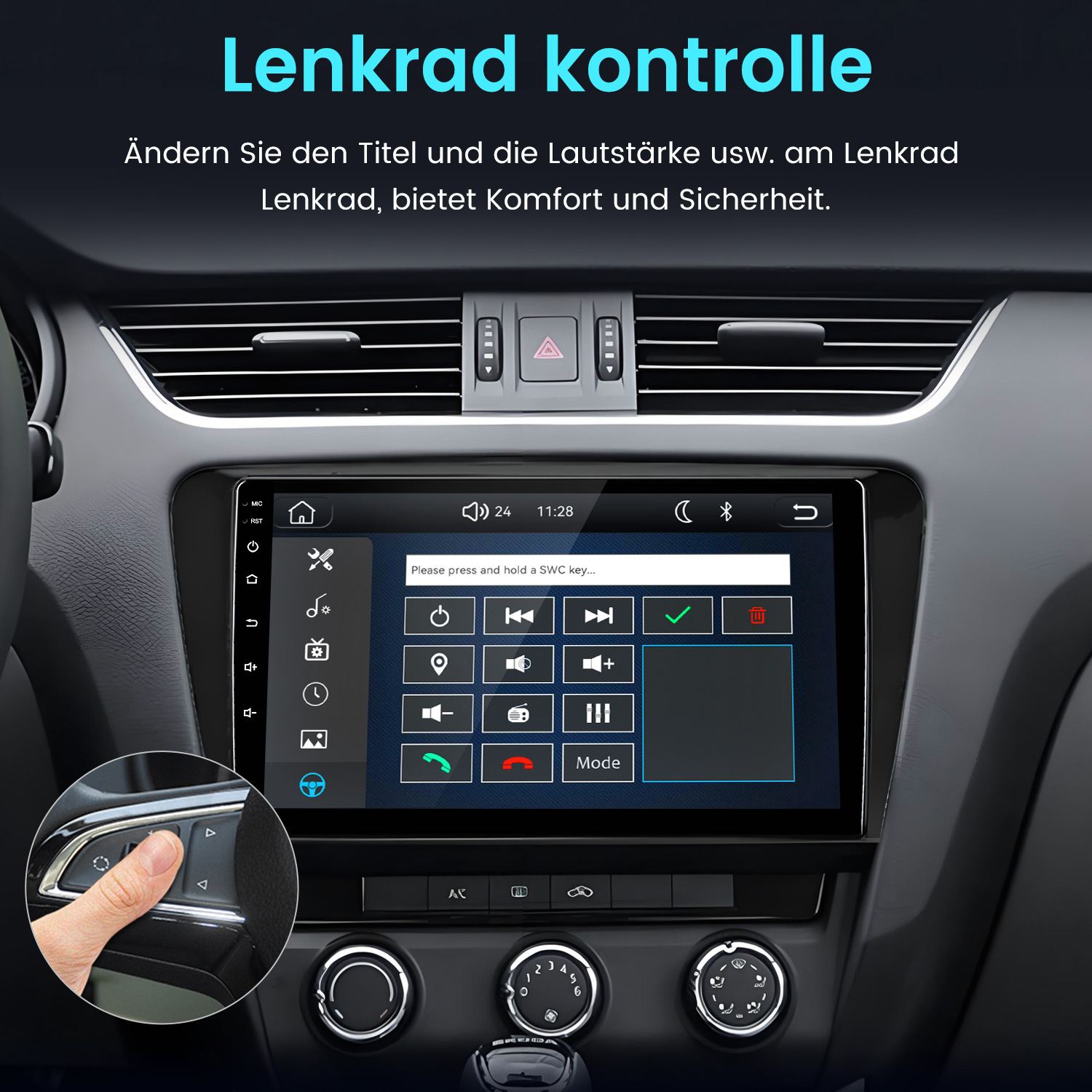 Autoinnenraum mit Touchscreen und Menü zur Lenkradsteuerung.