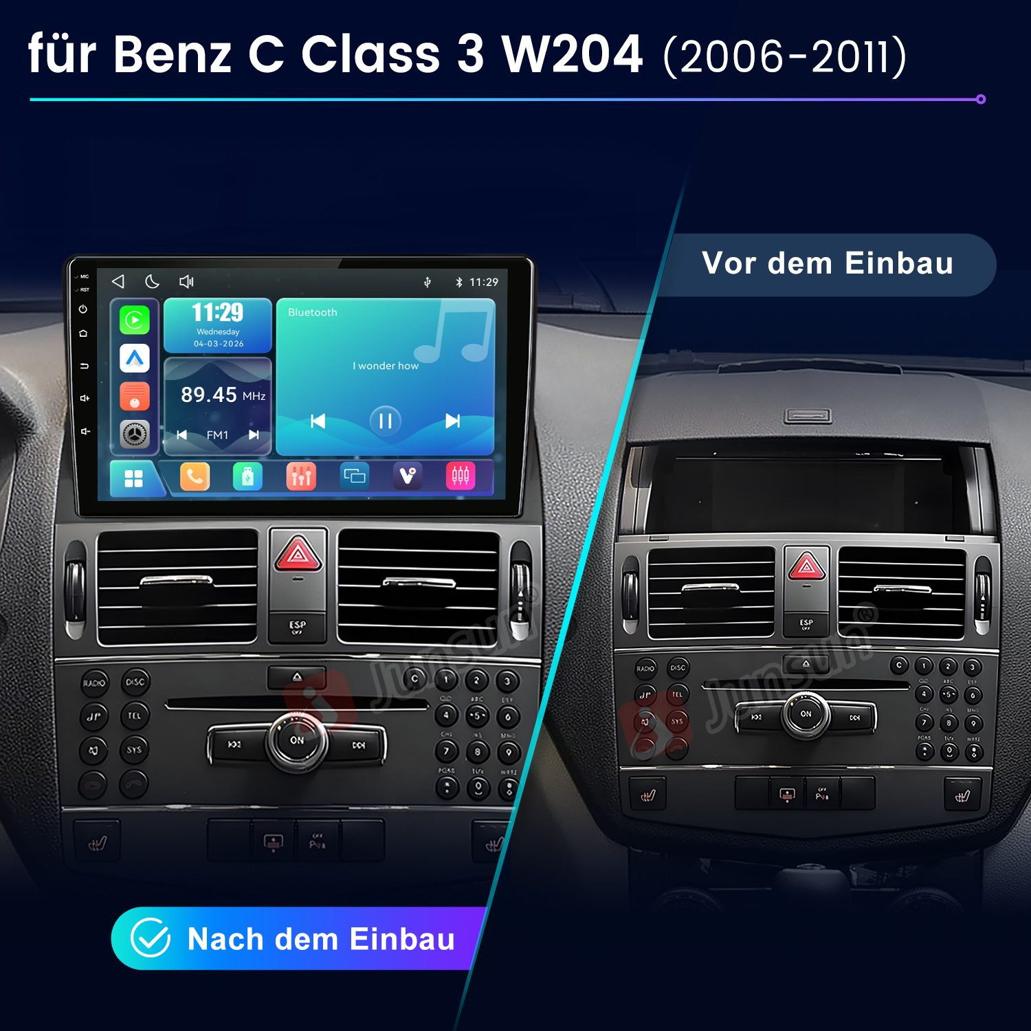 Vergleich des Mercedes W240 Armaturenbretts vor und nach dem Einbau eines Touchscreen-Autoradios.
