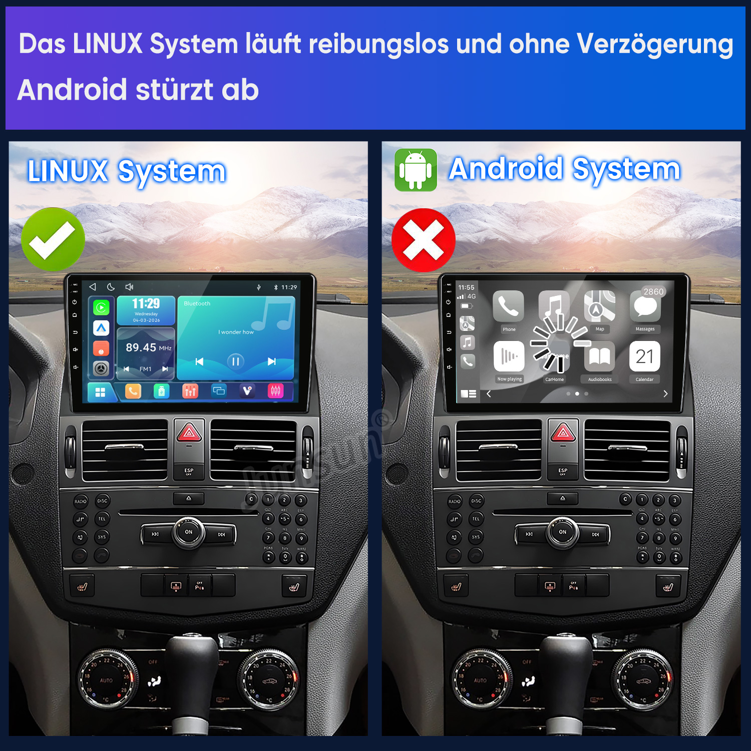 Vergleich von Linux-Autoradio läuft reibungslos und Android-System zeigt Ladefehler.