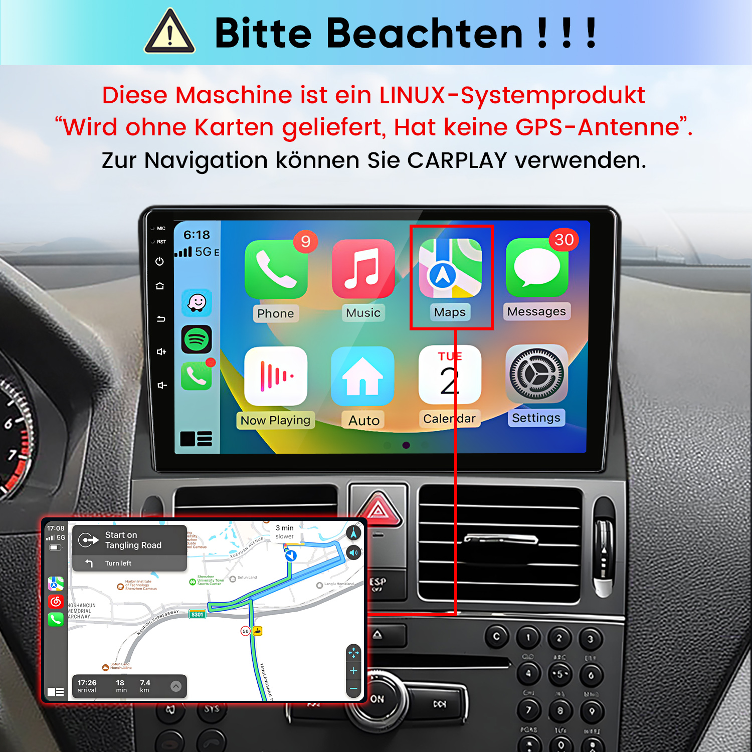 Linux-Autoradio-Display mit App-Icons und Warntext in Deutsch, mit CarPlay-Kartenanzeige unten.