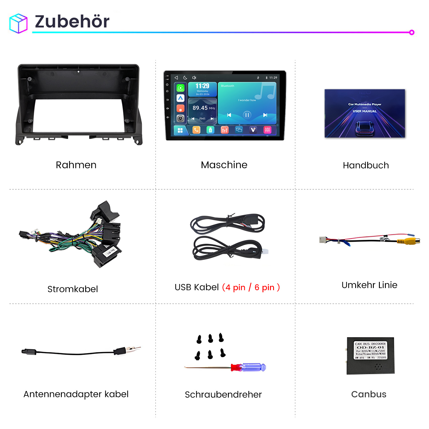 Raster mit Autozubehörteilen wie Display, Kabeln, Rahmen und Handbuch.