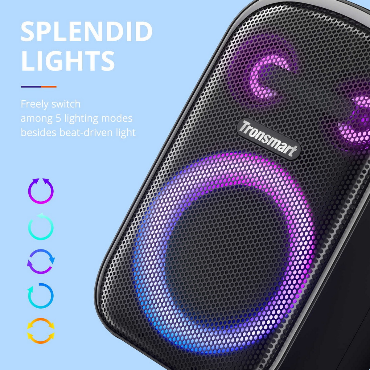 Ein Tronsmart Bluetooth-Lautsprecher mit runden, farbigen LED-Lichtern und Text über die Lichtmodi.