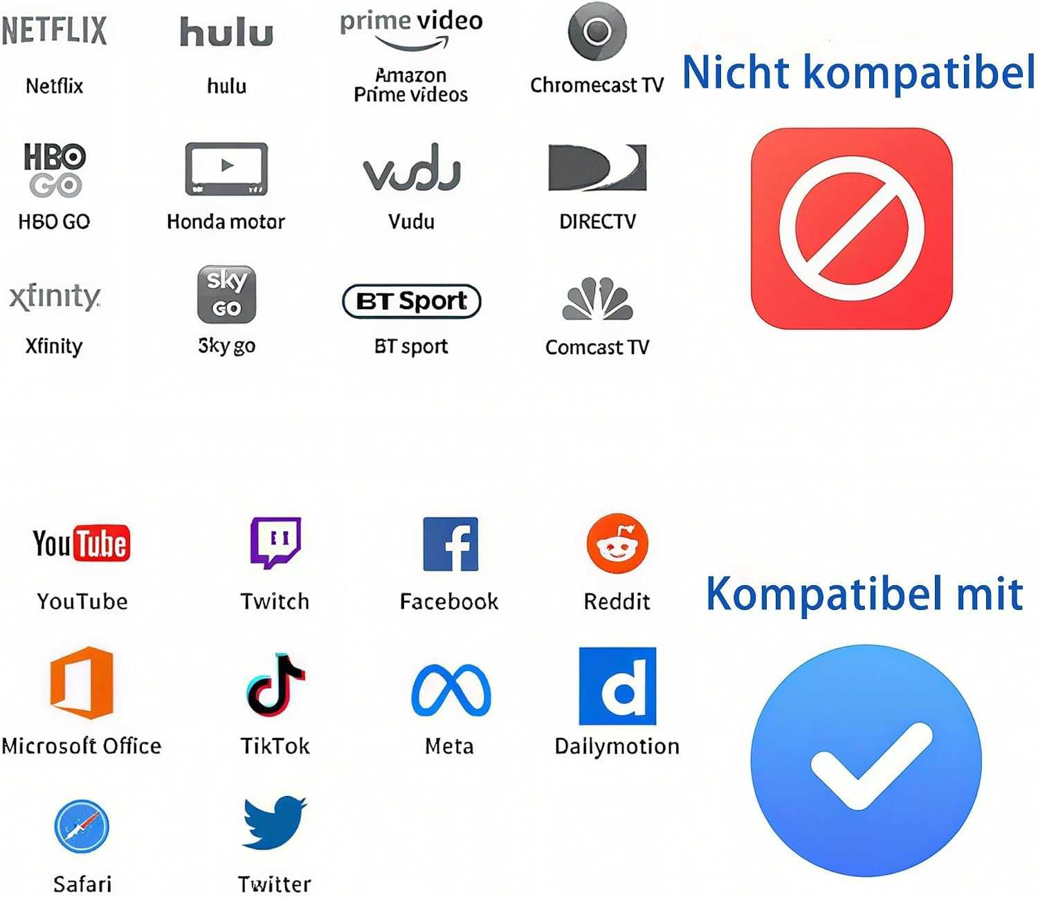 Streaming-Dienste und Apps mit Inkompatibilitäts- und Kompatibilitätssymbolen gekennzeichnet.