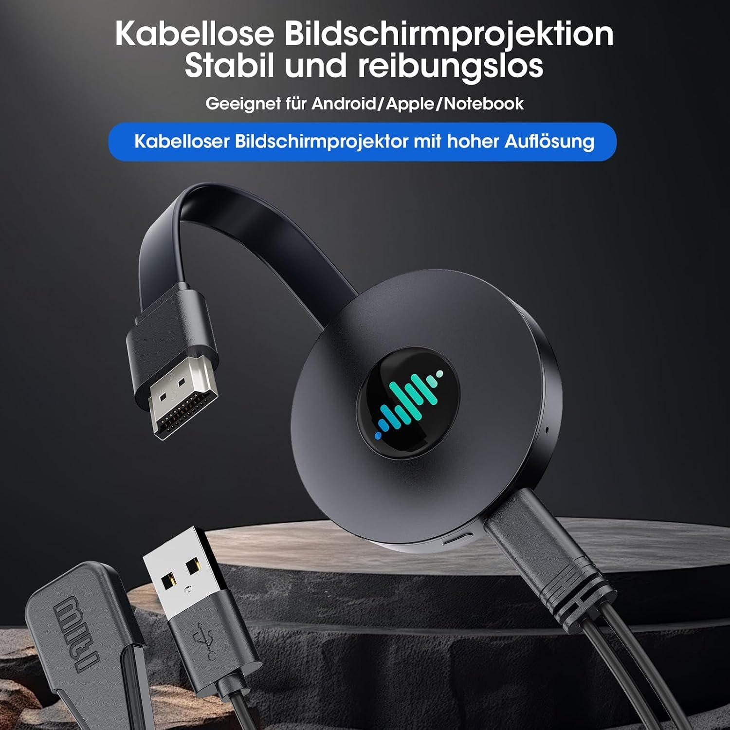 Schwarzer Wireless-Display-Projektor mit HDMI- und USB-Kabel auf dunklem Podest.