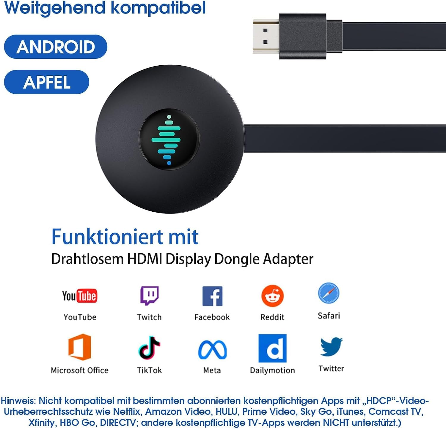 Ein schwarzer HDMI-Display-Dongle-Adapter mit kompatiblen Apps und Symbolen.