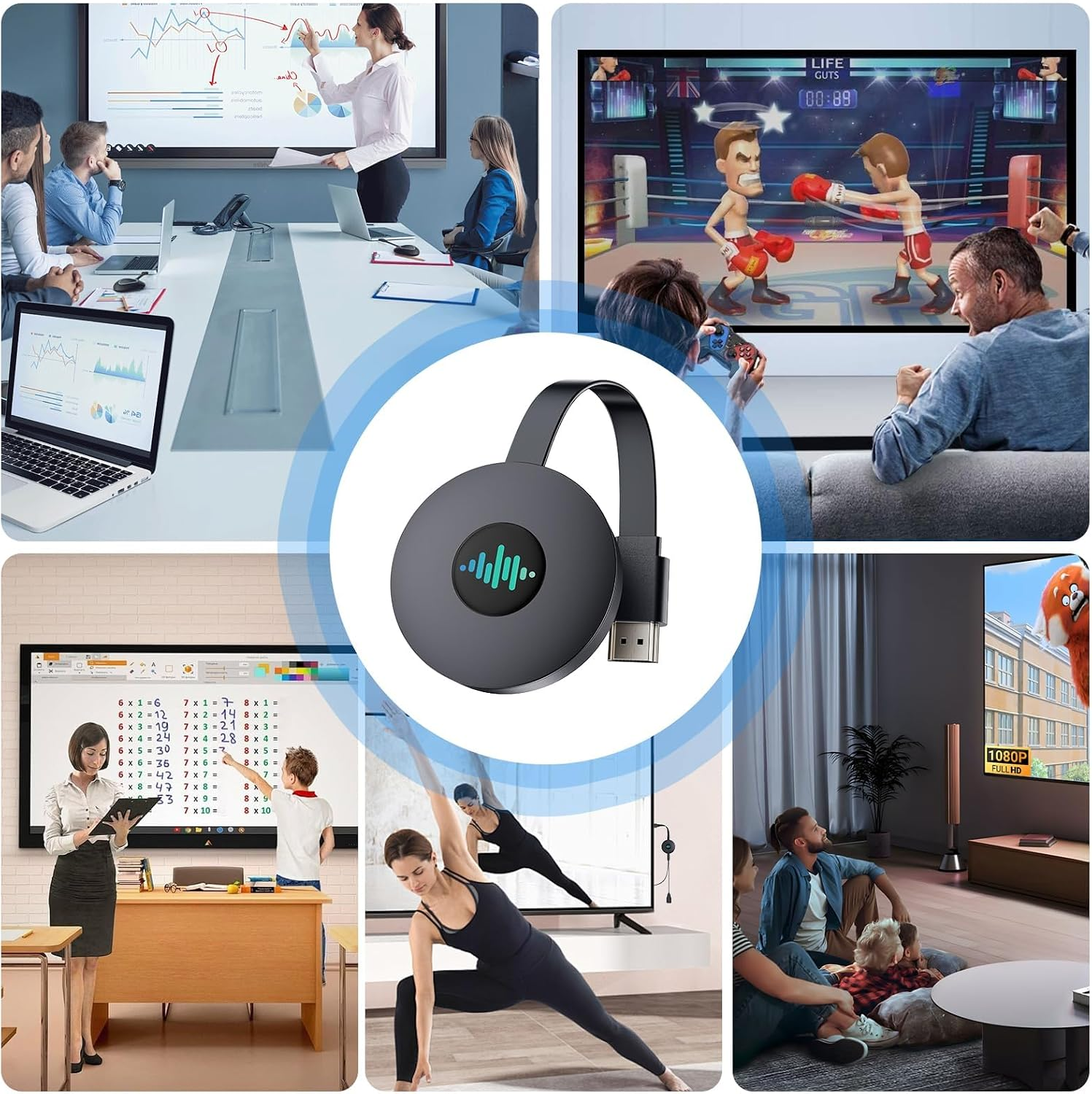 Ein grauer HDMI-Streaming-Stick im Zentrum mit sechs Szenen rundum: Büro, Gaming, Schule, Yoga und Heimkino.
