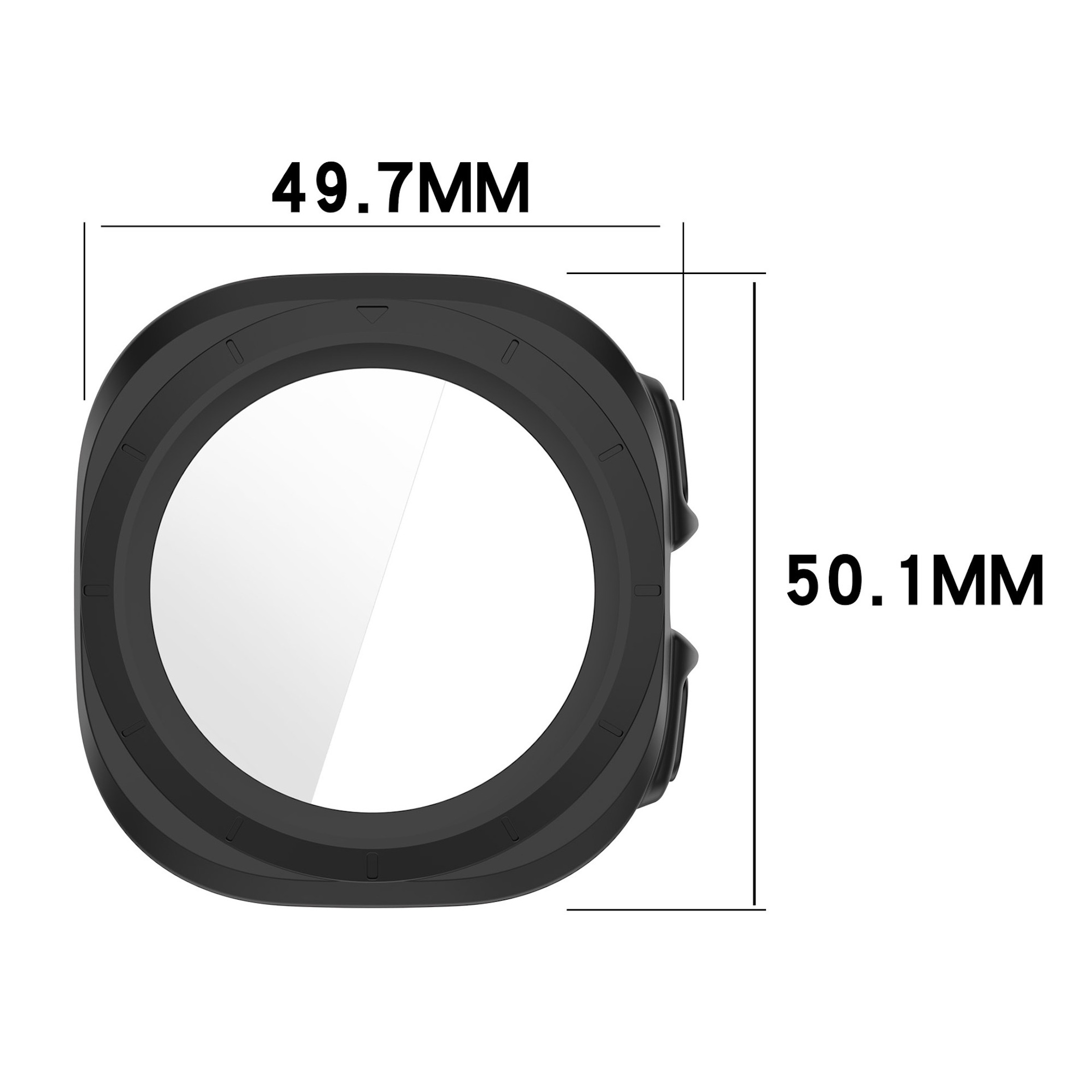 Diagramm einer schwarzen Smartwatch mit Maßen: 49.7mm Breite und 50.1mm Höhe.