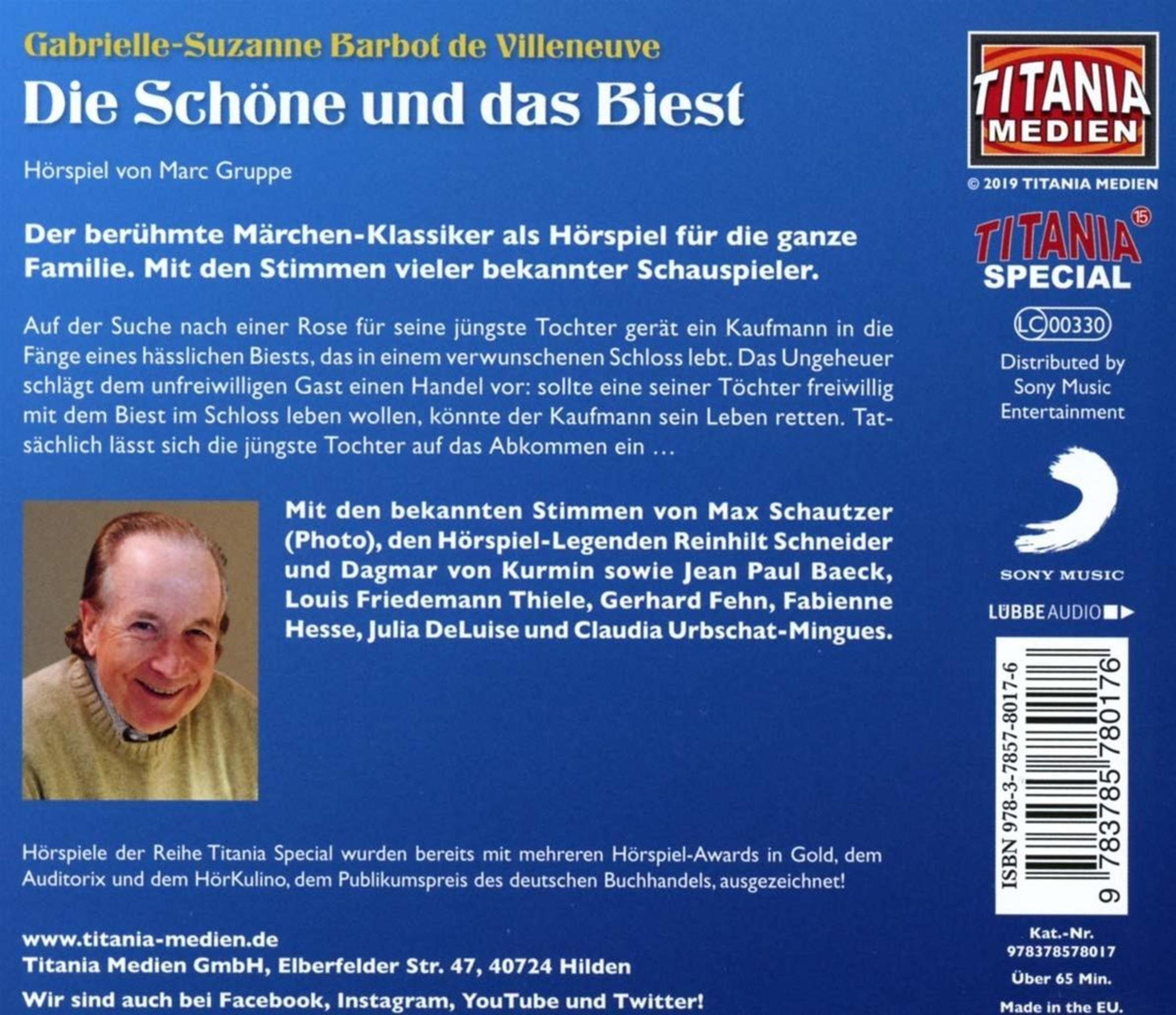 Rückseite einer Hörspiel-CD mit blauem Hintergrund, Text, einem Porträt und Logos.