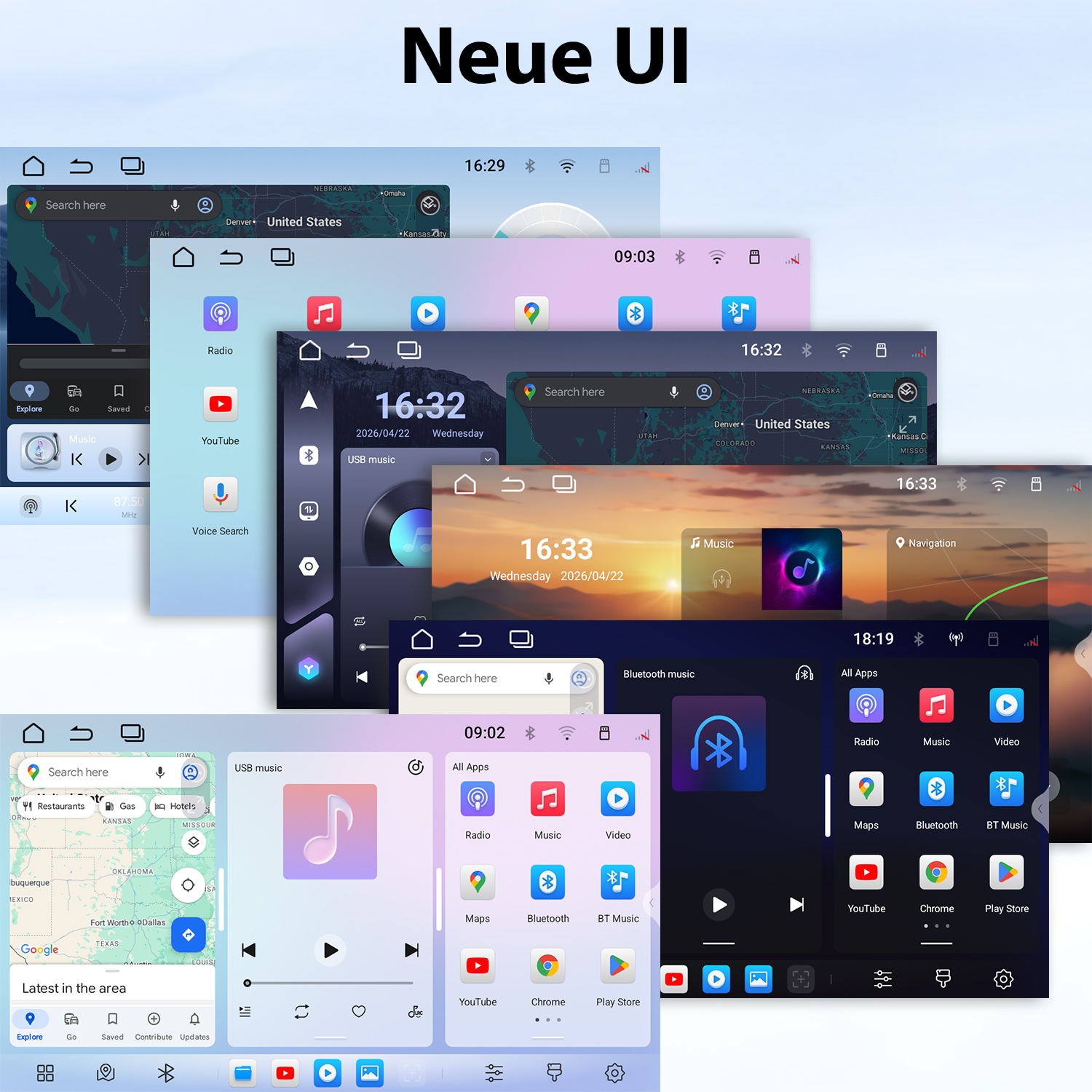Mehrere verschiedene Auto-Infotainment-System-Oberflächen auf blauem Hintergrund.