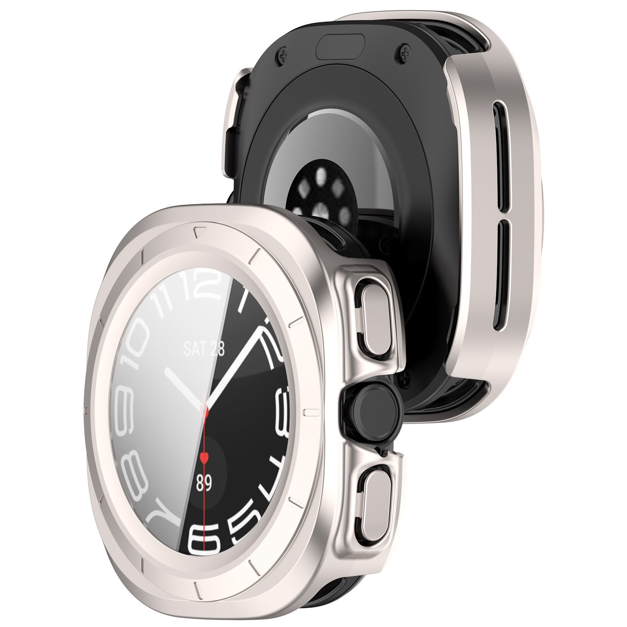 Zwei Ansichten einer Smartwatch mit silberner Schutzhülle und schwarzem Zifferblatt vor weißem Hintergrund.
