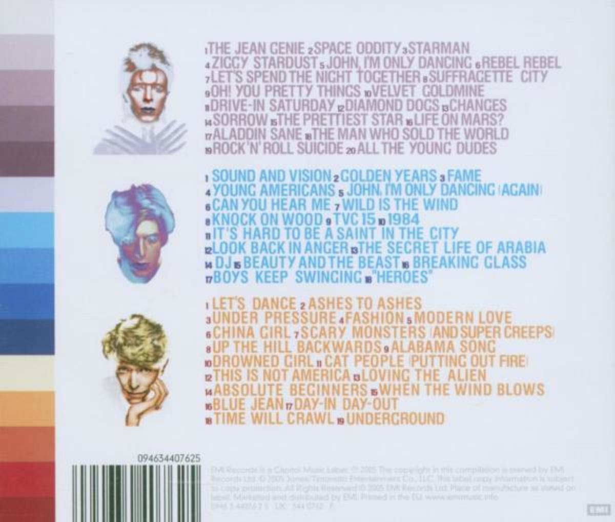 Rückseite einer CD mit David Bowie Bildern, Songlisten in verschiedenen Farben und einem Barcode.