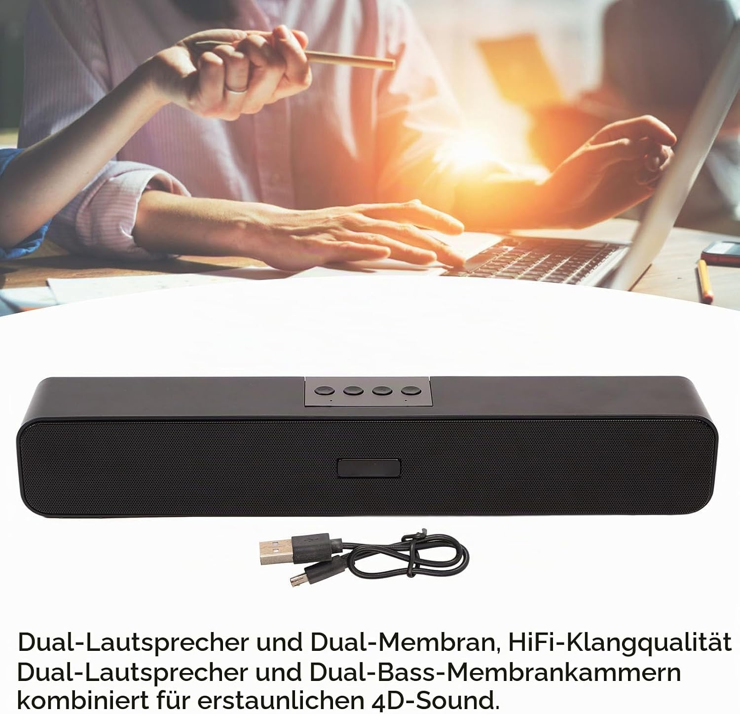 Ein schwarzer, rechteckiger Bluetooth-Lautsprecher mit Bedientasten oben, Stofffront und einem USB-Kabel.