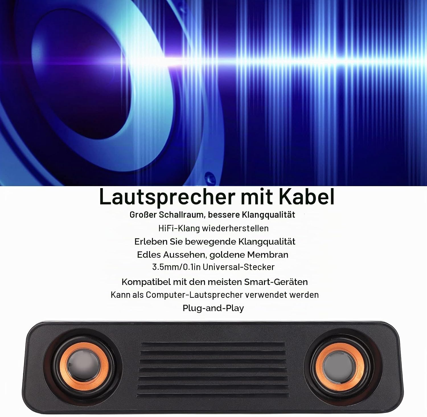 Ein schwarzer Soundbar-Lautsprecher mit zwei runden Treibern und deutschen Werbetexten.