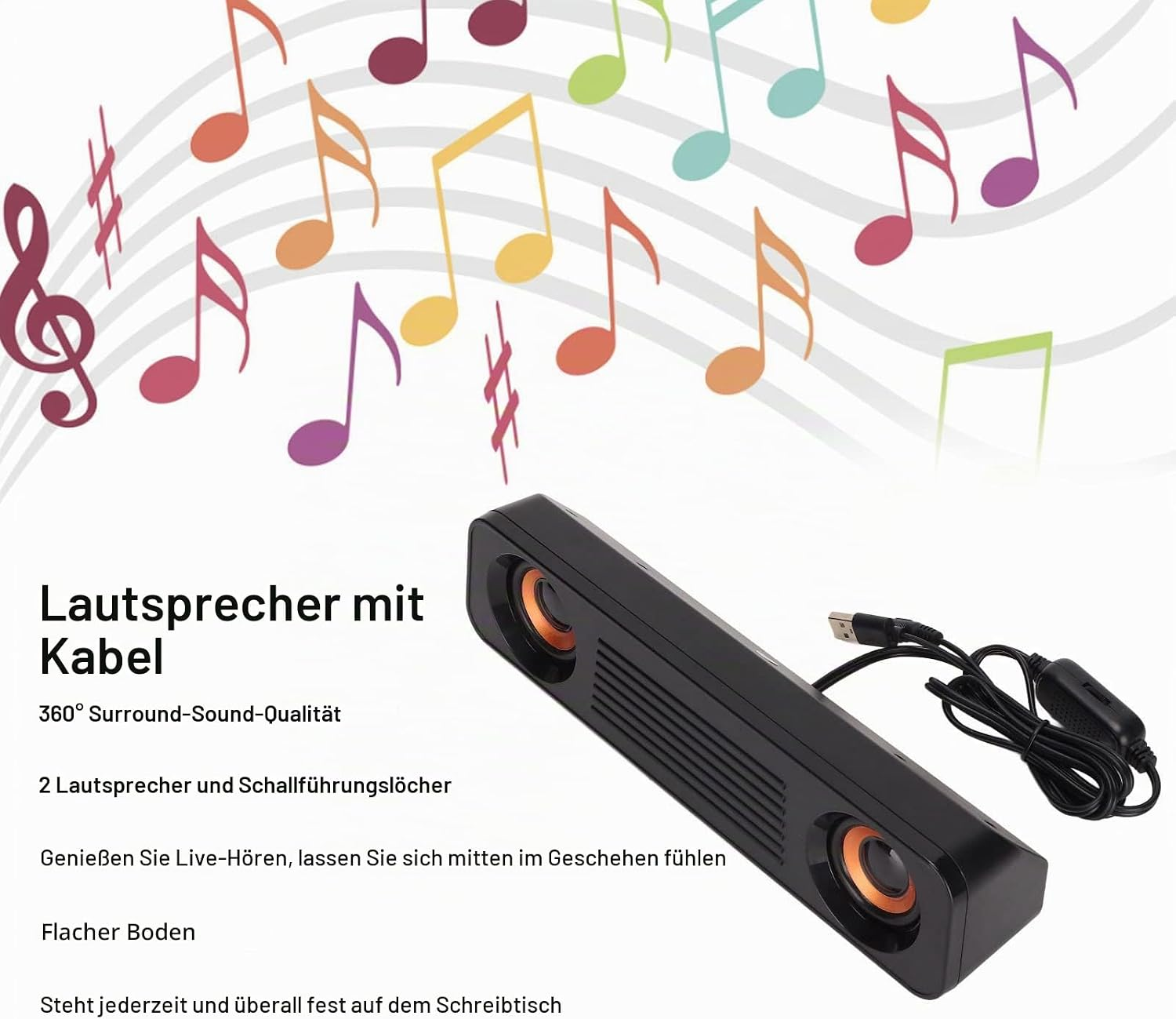 Ein schwarzer Lautsprecher mit Kabel auf weißem Grund, darüber bunte Noten und links deutscher Text.