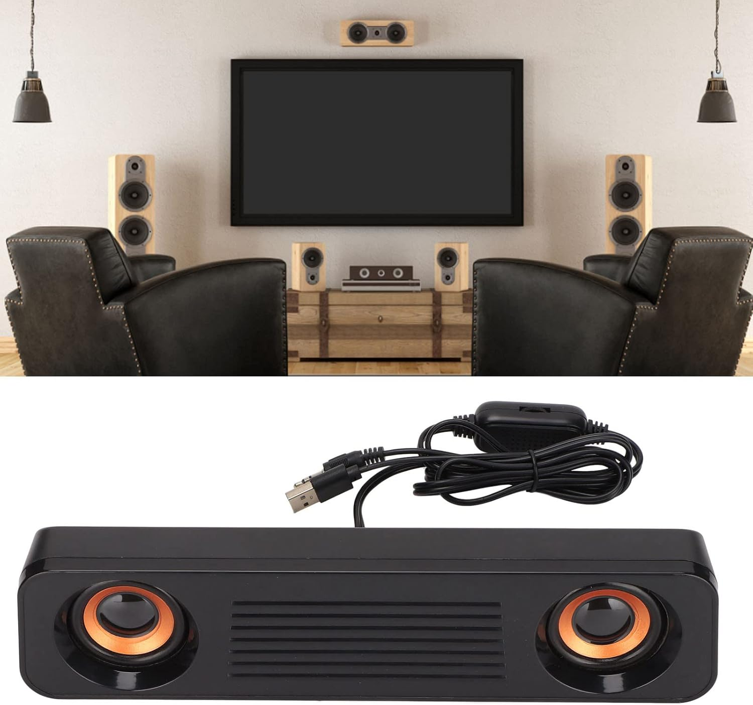 Ein schwarzer Soundbar-Lautsprecher mit zwei kegelförmigen Öffnungen und angeschlossenem USB-Kabel.