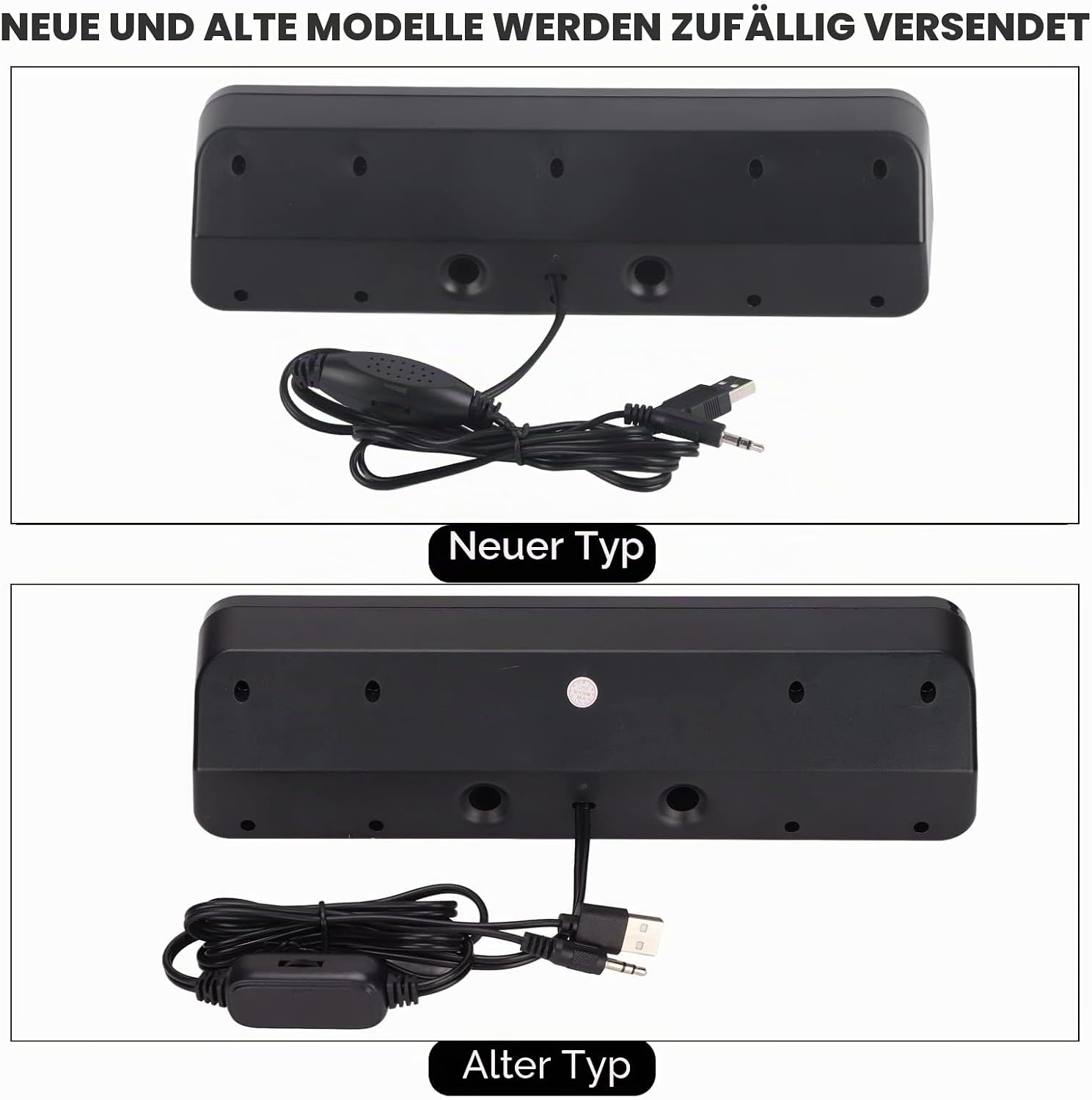 Vergleich von zwei schwarzen elektronischen Geräten mit Kabeln, beschriftet als neuer und alter Typ.