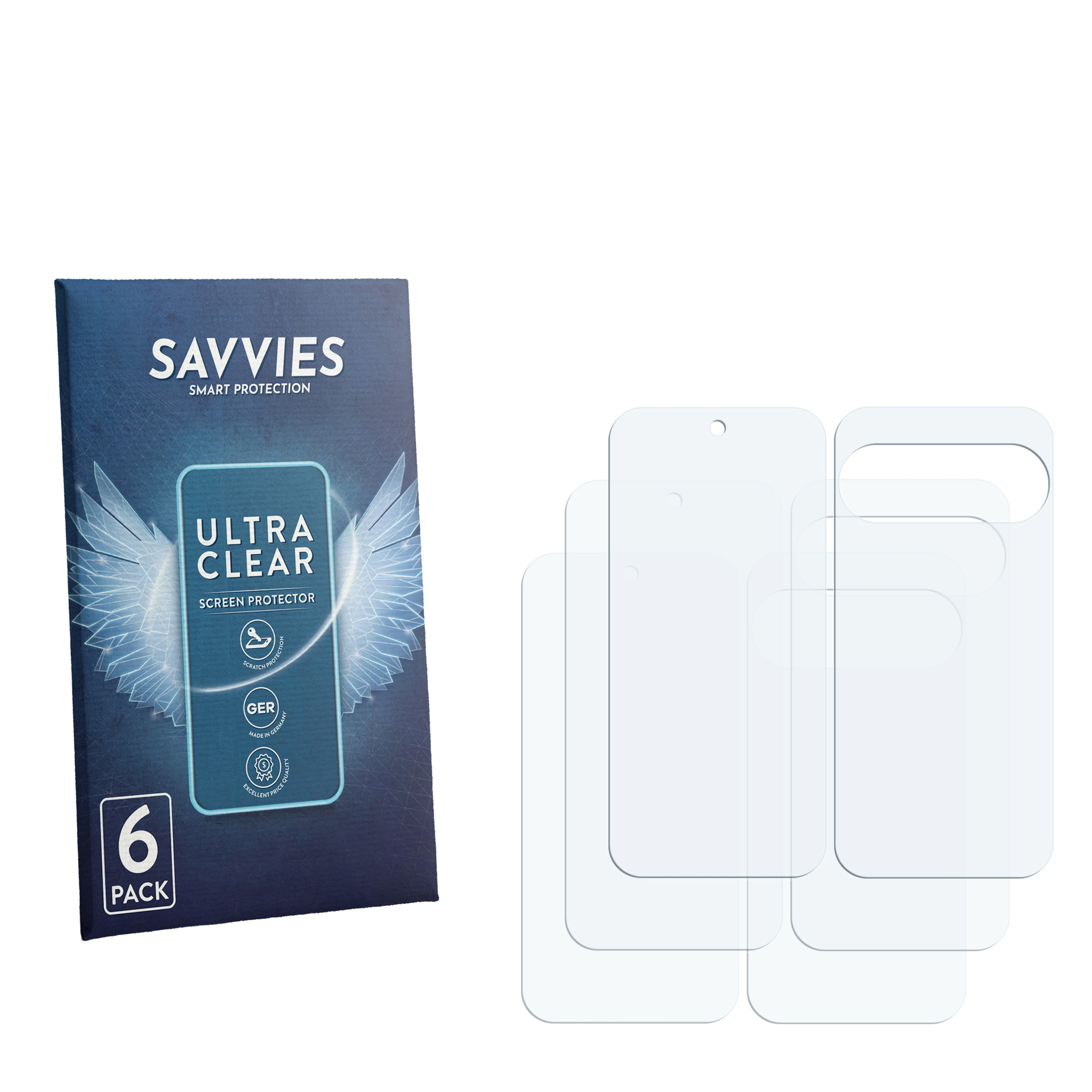Savvies Ultra Clear Displayschutzfolie, 6er-Pack, Verpackung und sechs transparente Schutzfolien.