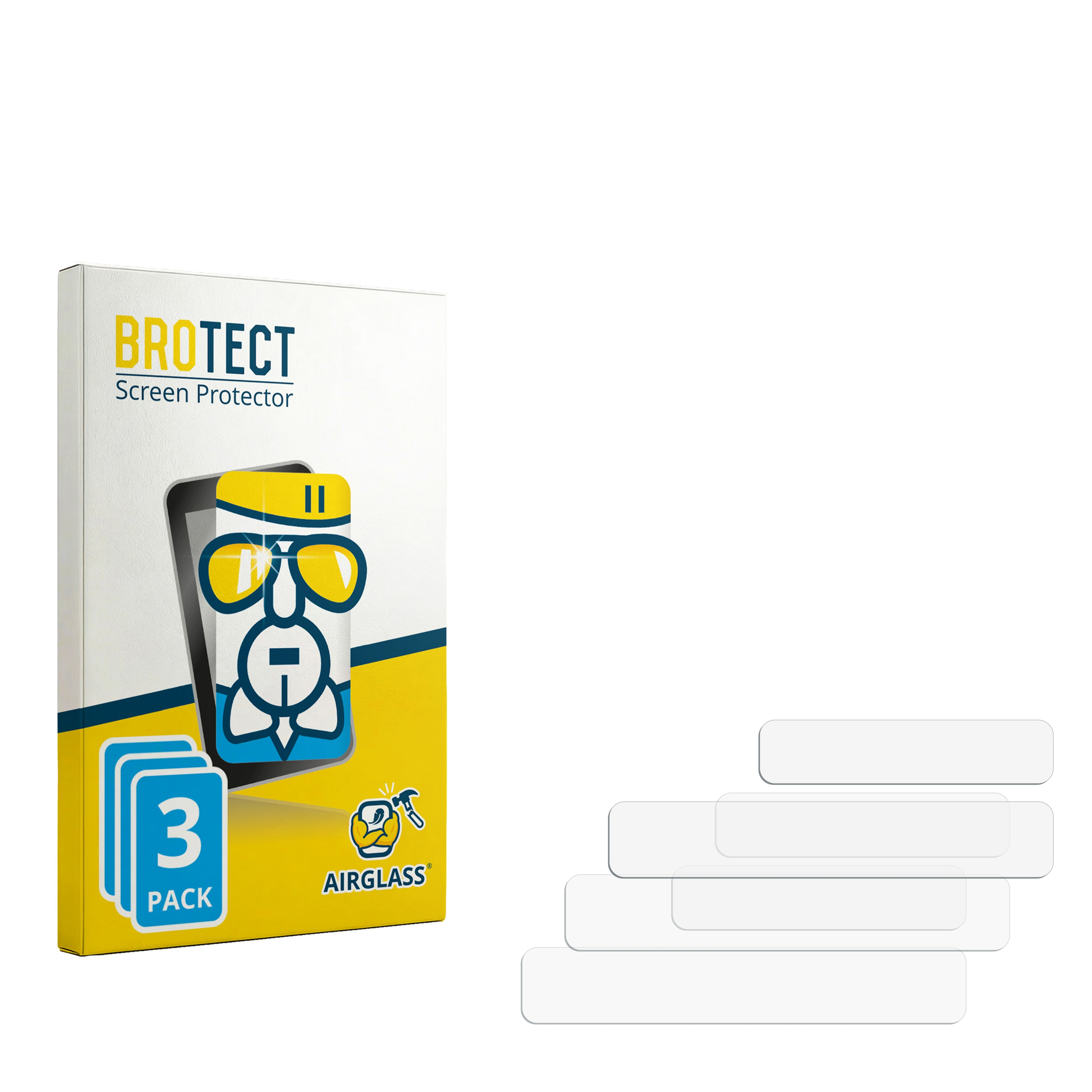 BROTECT AirGlass Displayschutzfolien-Packung mit vier transparenten Schutzfolien daneben.