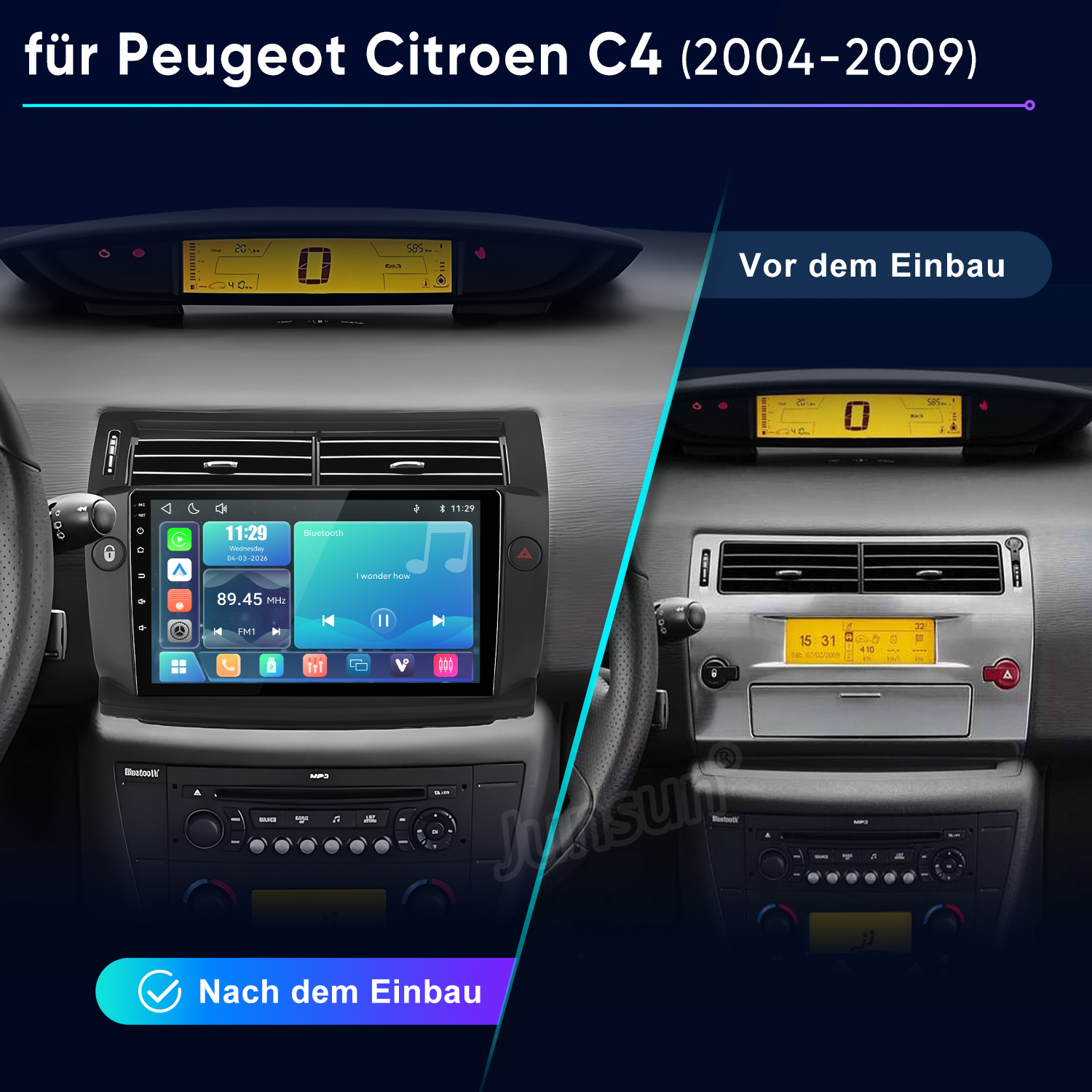 Vergleich Peugeot C4 Dashboard: Vor dem Einbau mit originalem Radio und nach dem Einbau mit modernem Touchscreen.