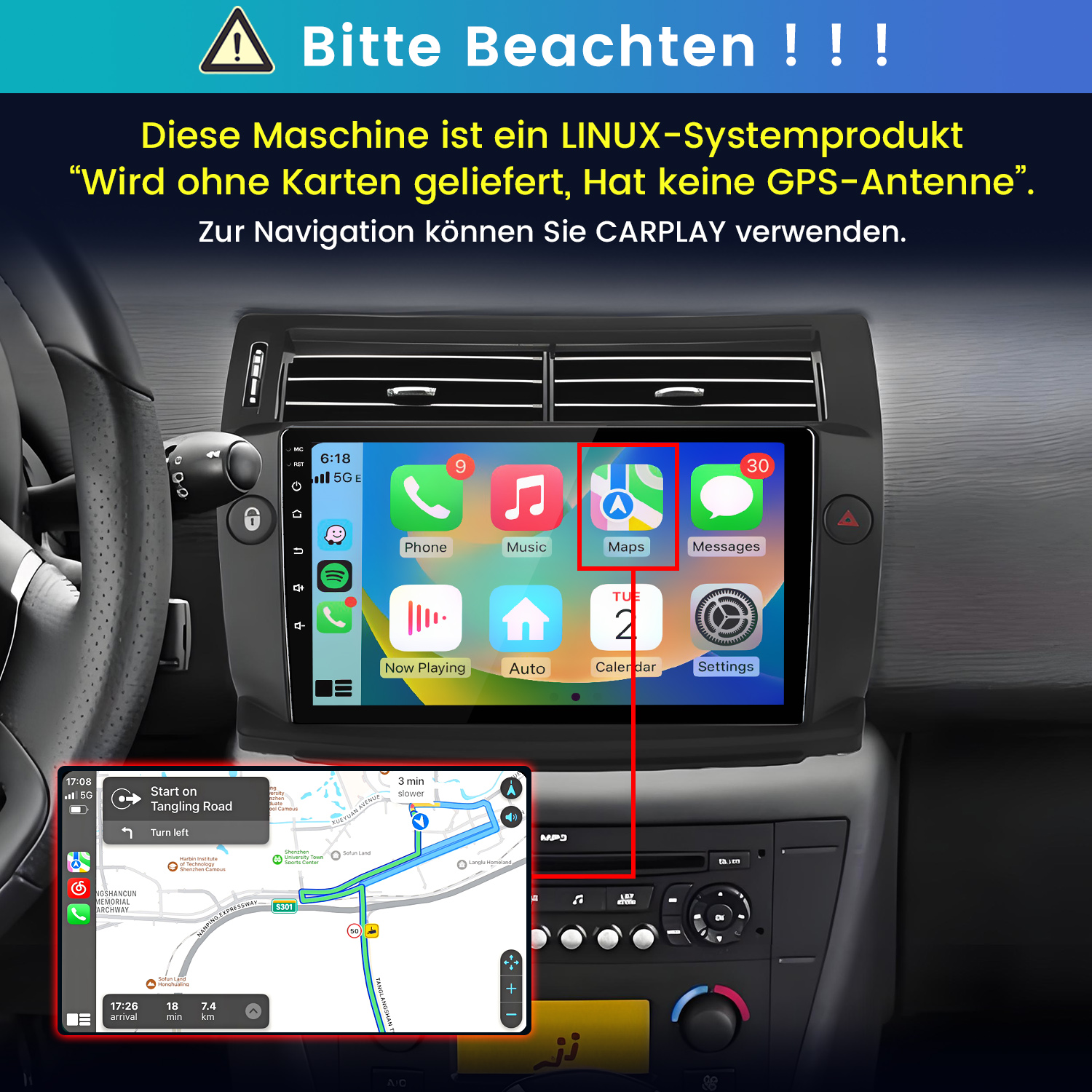 Linux-Autoradio mit CarPlay, ohne Karten und GPS-Antenne, zeigt das Hauptmenü und eine GPS-Navigation.